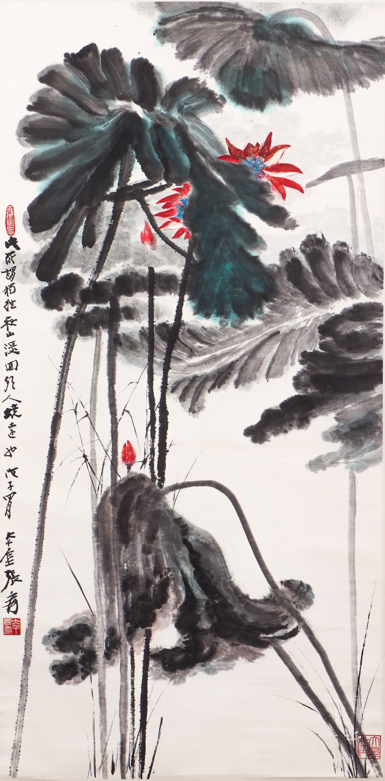 A CHINESE HAND PAINTING WITH THE MARK OF ZHANG DAQIAN: A CHINESE HAND PAINTING WITH THE MARK OF ZHANG DAQIAN 138*69CM