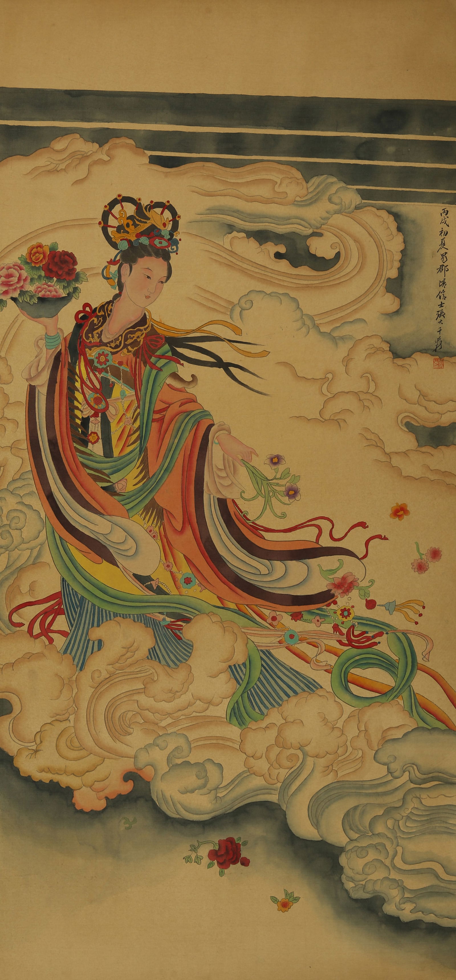 A CHINESE HAND PAINTING WITH THE MARK OF ZHANG DAQIAN: A CHINESE HAND PAINTING WITH THE MARK OF ZHANG DAQIAN 136*63CM