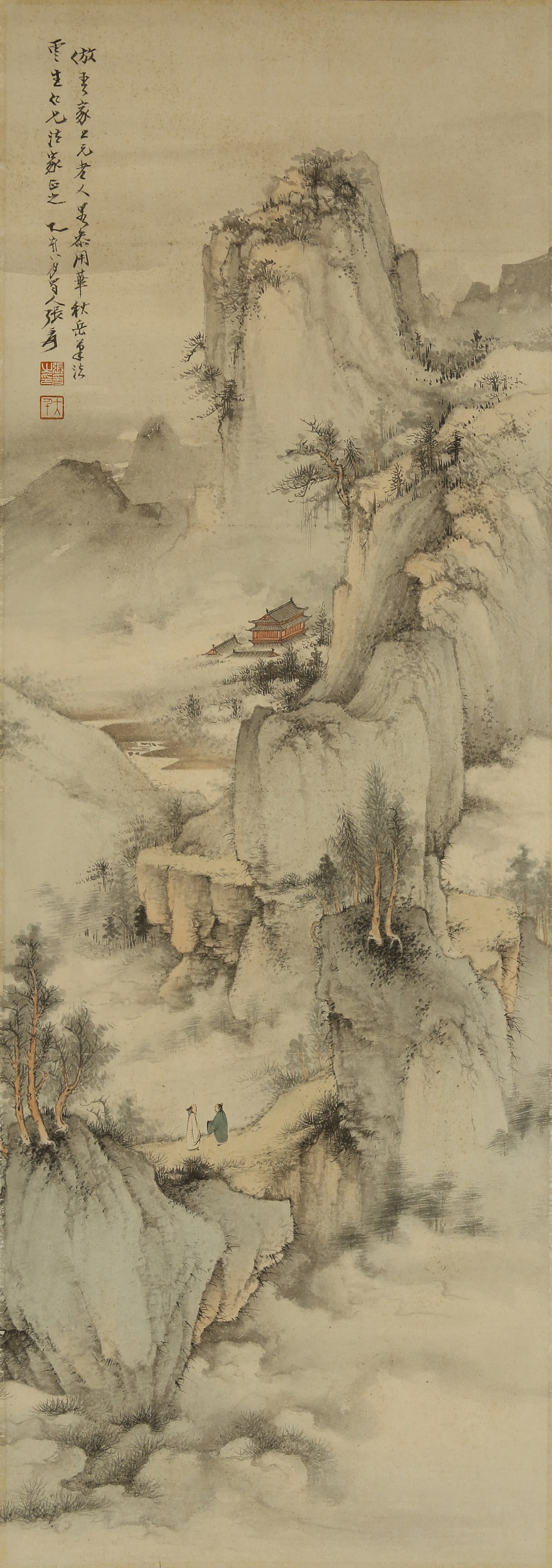 A CHINESE HAND PAINTING WITH THE MARK OF ZHANG DAQIAN: A CHINESE HAND PAINTING WITH THE MARK OF ZHANG DAQIAN 96*34CM