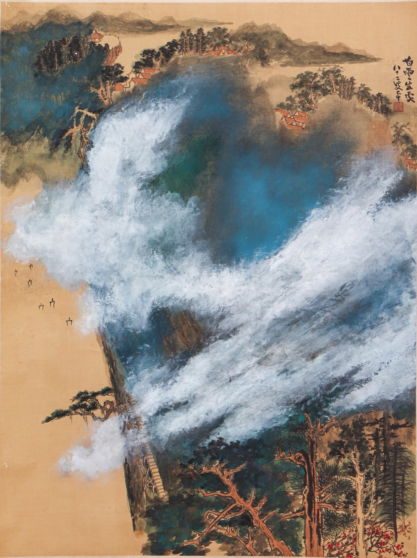A CHINESE HAND PAINTING WITH THE MARK OF ZHANG DAQIAN: A CHINESE HAND PAINTING WITH THE MARK OF ZHANG DAQIAN 85*64CM