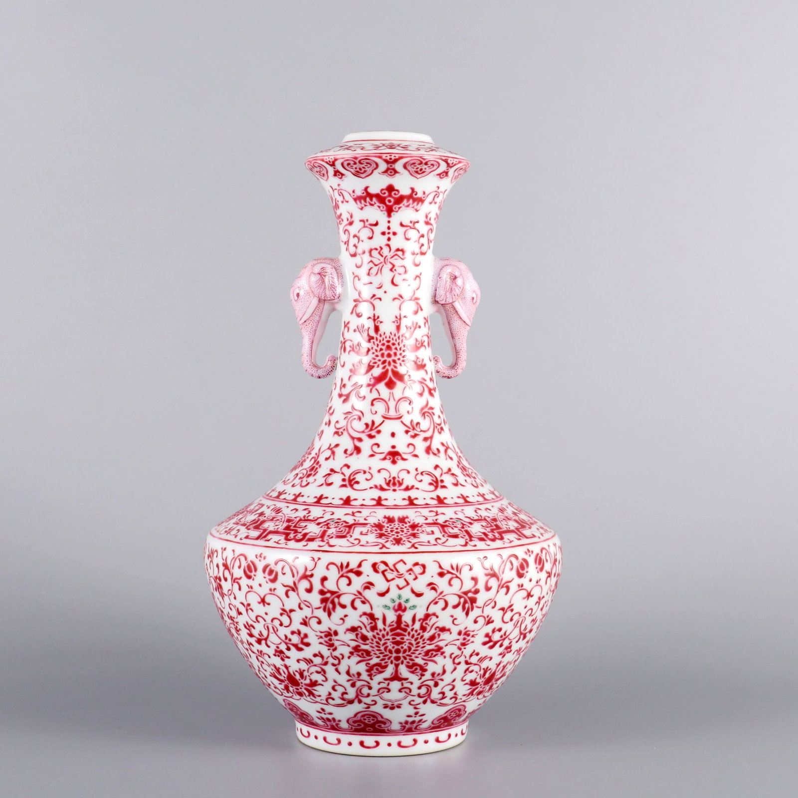 A ROUGE RED COLOR VASE WITH LUCKY LOTUS AND ELEPHANT EARS: A ROUGE RED COLOR VASE WITH LUCKY LOTUS AND ELEPHANT EARS H:24CM,D:13.5CM