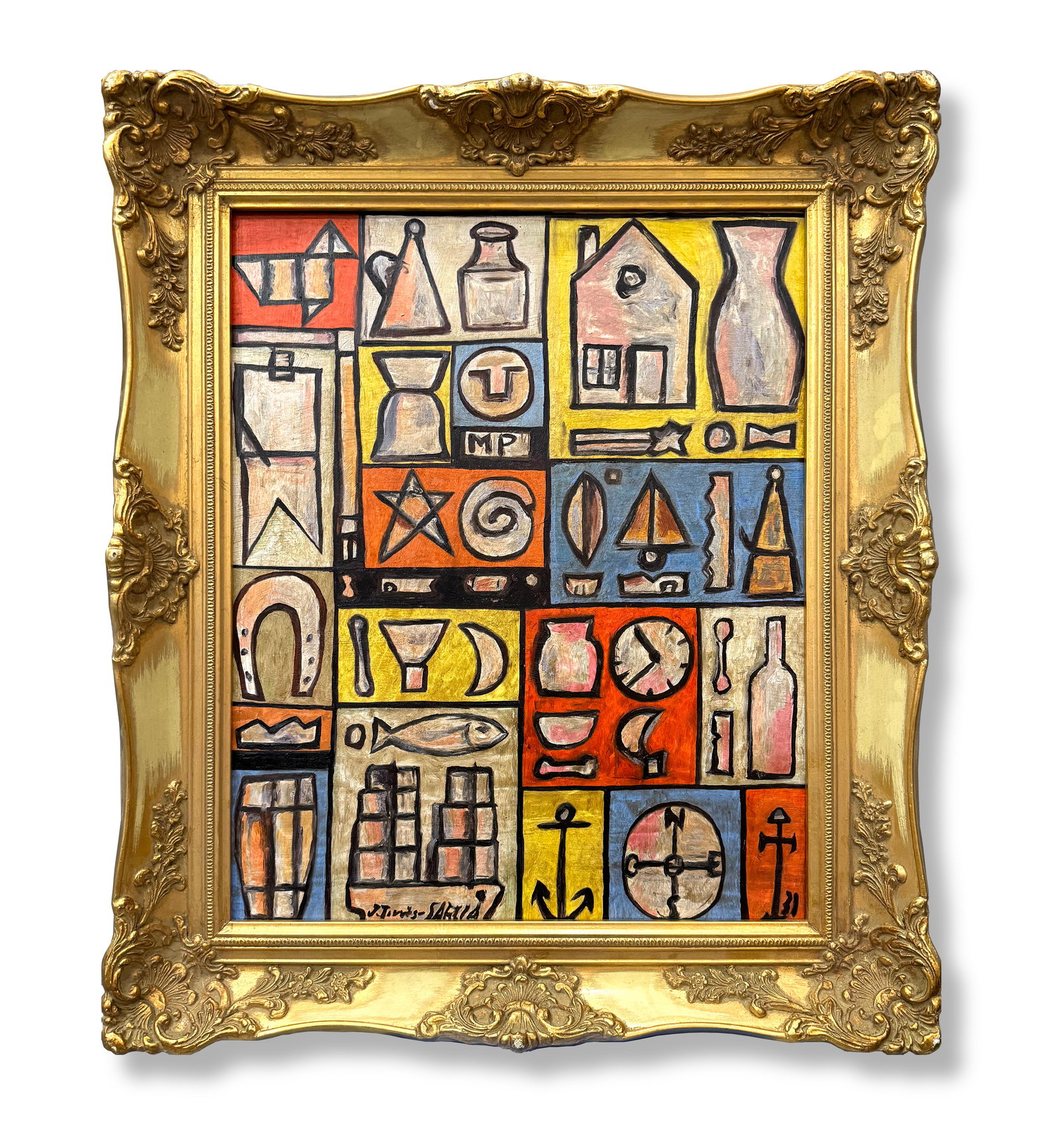 AN OIL PAINTING ON MASONITE WITH THE MARK OF JOAQU?N TORRES-GARC?A: AN OIL PAINTING ON MASONITE WITH THE MARK OF JOAQU?N TORRES-GARC?A 56*45.5CM