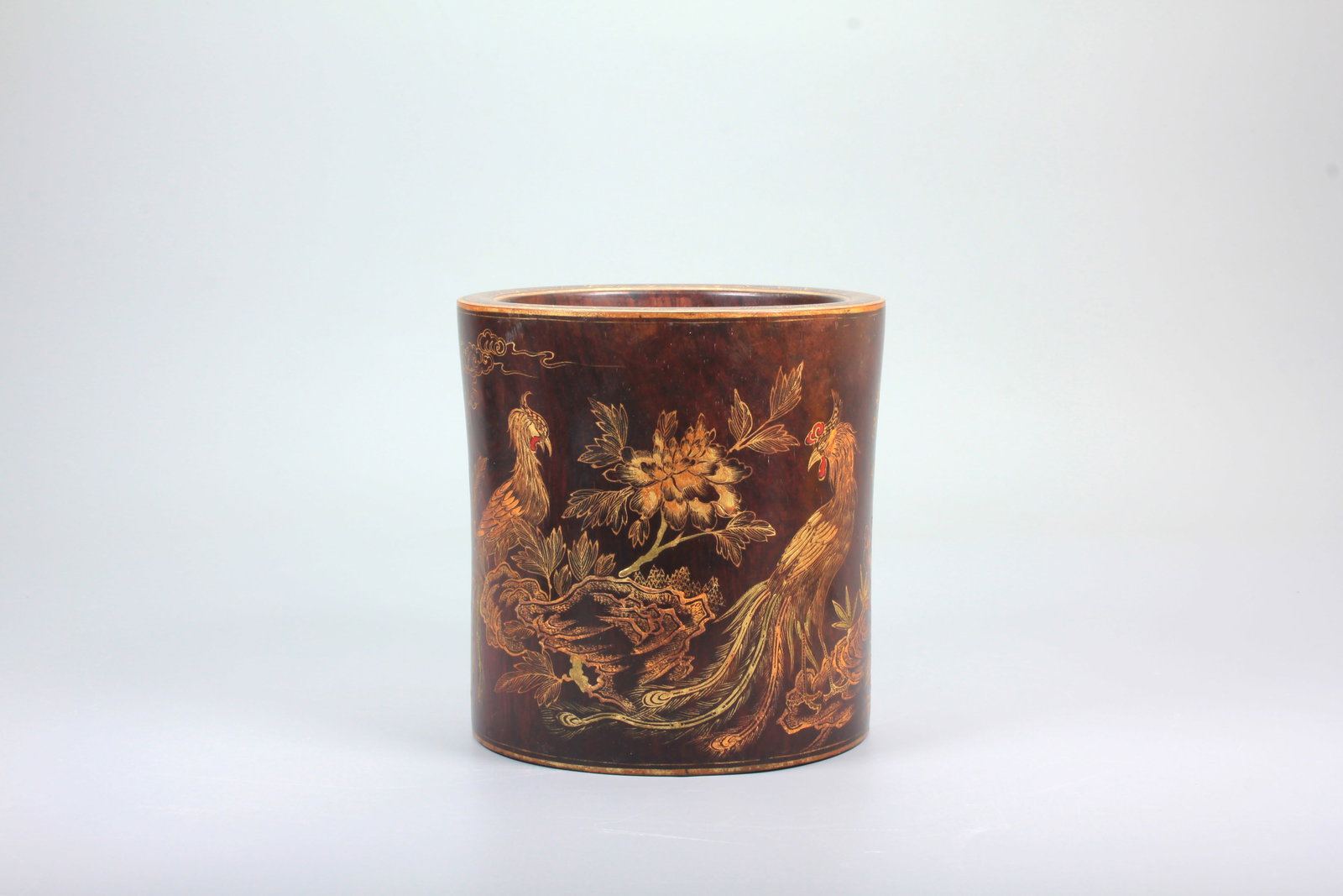 A HUANGHUALI WOOD BRUSH POT WITH GILT PHEASANT, PEONY AND POEM PATTERN (1 of 10)