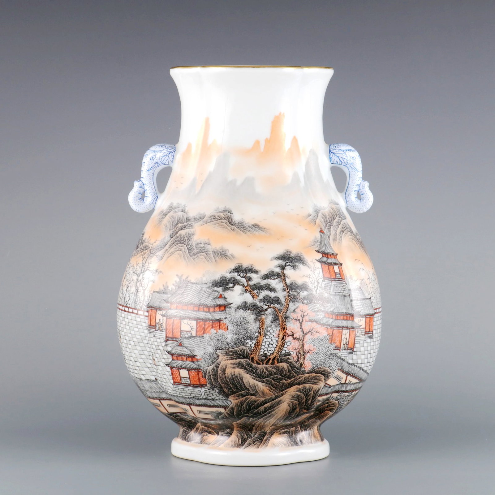 A IRON RED AND INK COLOR LANDSCAPE PAVILION MELON VASE WITH ELEPHANT EARS: A IRON RED AND INK COLOR LANDSCAPE PAVILION MELON VASE WITH ELEPHANT EARS H:37CM,D:15.2CM