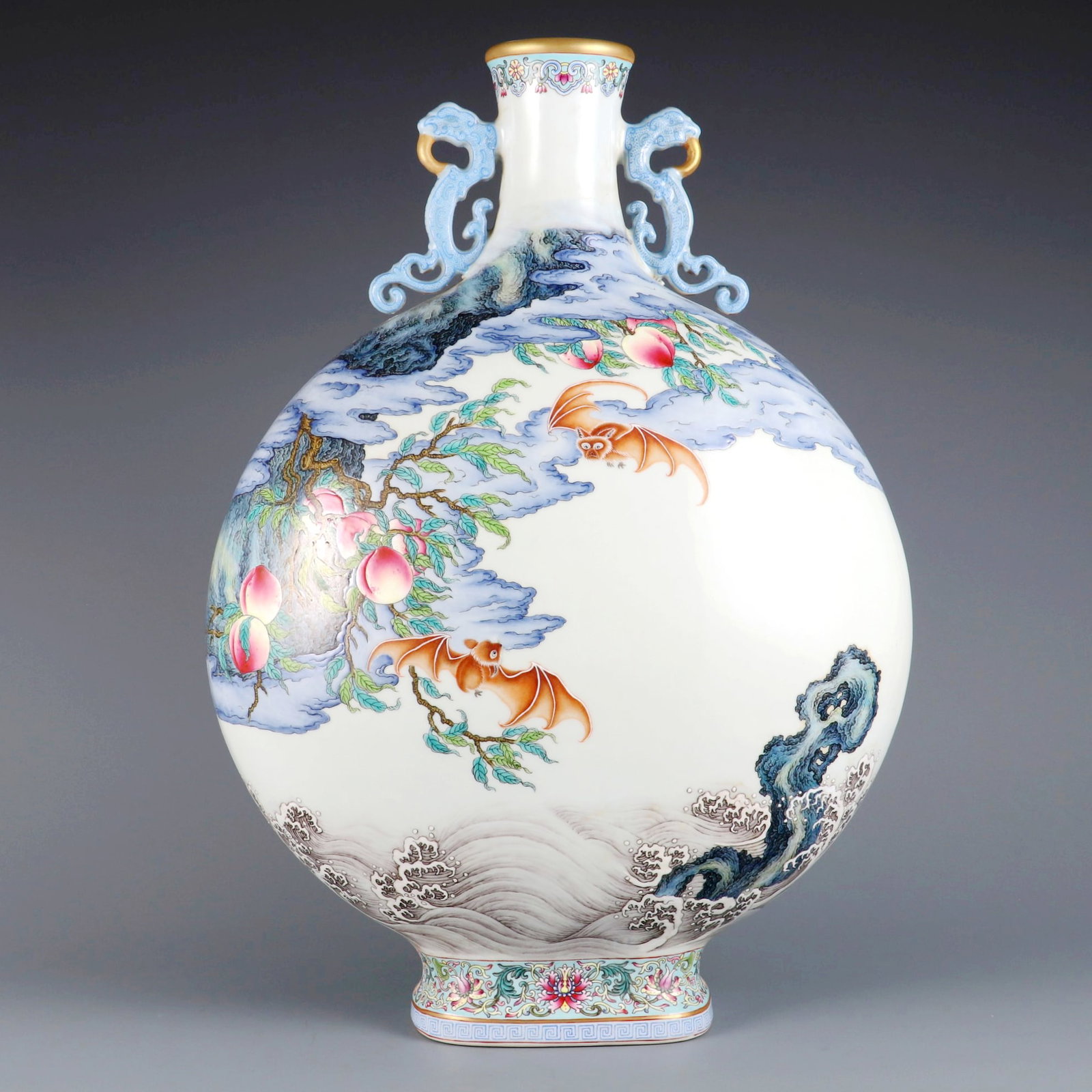 A LARGE ENAMEL COLOR MOON VASE WITH FUSHAN SHOUHAI POEM AND KUI PHOENIX EARS: A LARGE ENAMEL COLOR MOON VASE WITH FUSHAN SHOUHAI POEM AND KUI PHOENIX EARS H:49.8CM,D:36CM