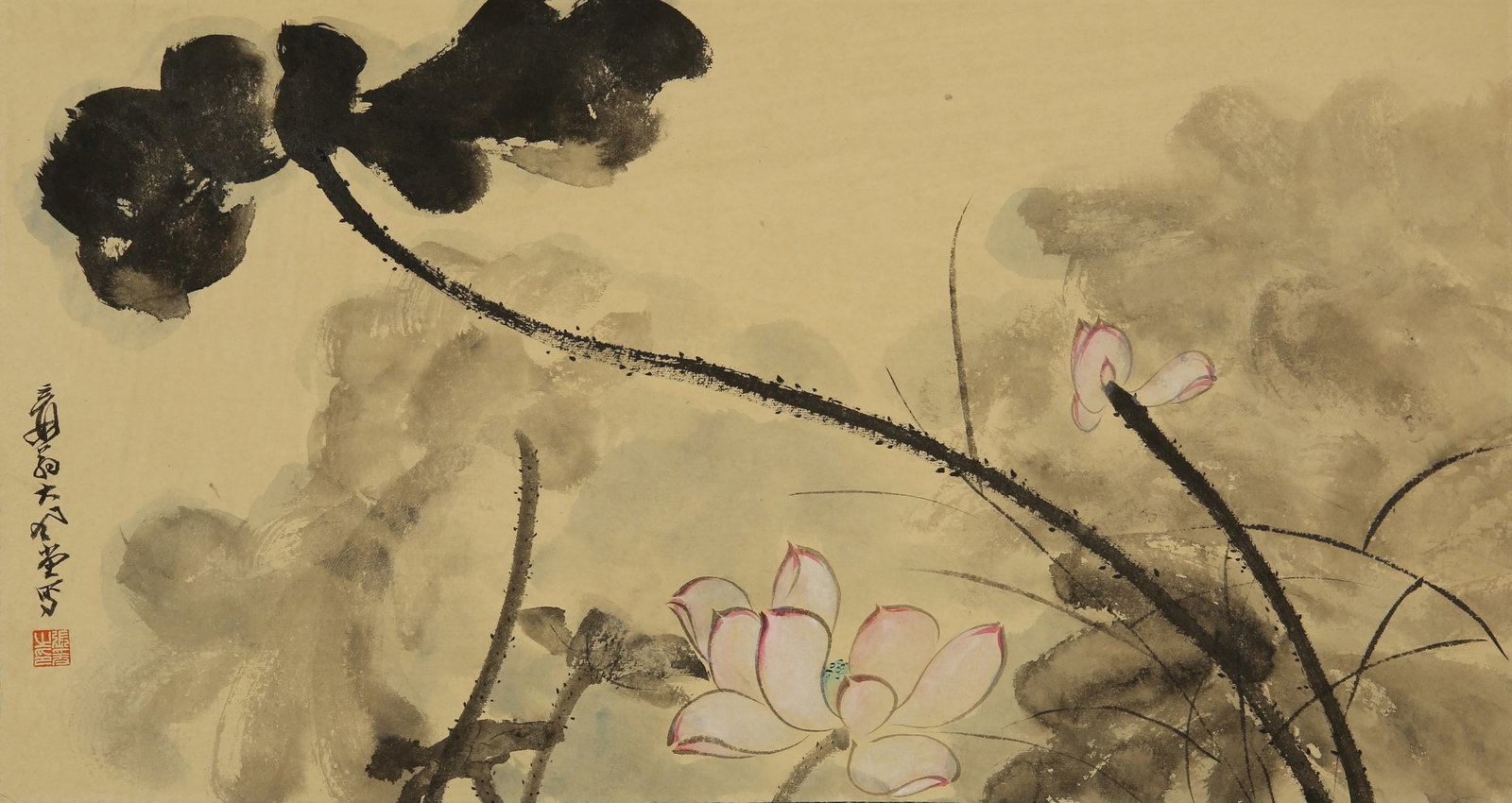 A CHINESE HAND PAINTING WITH THE MARK OF ZHANG DAQIAN: A CHINESE HAND PAINTING WITH THE MARK OF ZHANG DAQIAN 32*60CM