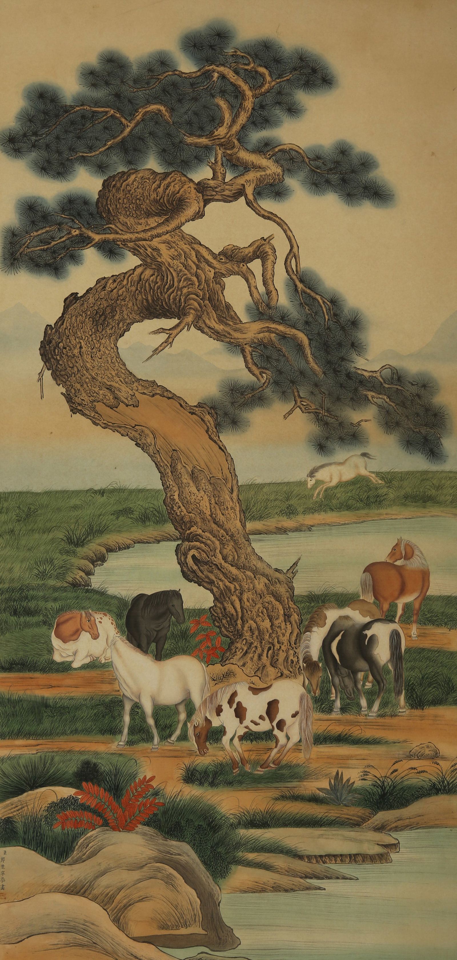 A CHINESE HAND PAINTING WITH THE MARK OF LANG SHINING: A CHINESE HAND PAINTING WITH THE MARK OF LANG SHINING 136*64CM