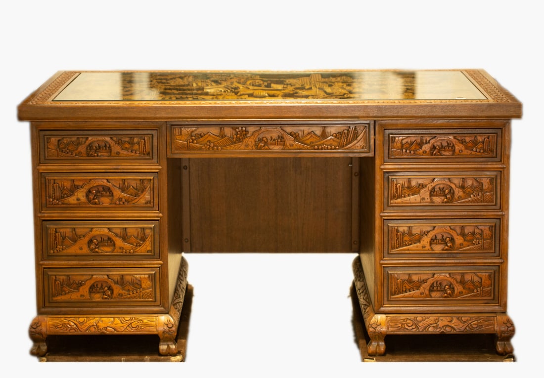 A Chinese 'Fully-Carved Narrative Scene' Double-Sided Desk: A Chinese 'Fully-Carved Narrative Scene' Double-Sided Desk (150 x 89 x 78cm)