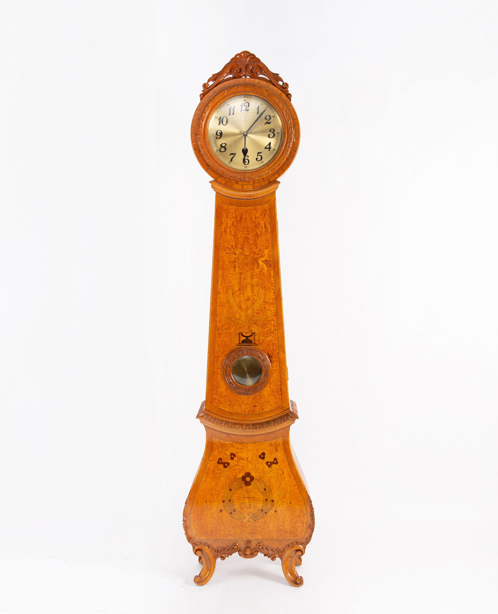 An English Carved Wood and Marquetry Mechanical Longcase Clock: An English Carved Wood and Marquetry Mechanical Longcase Clock (54 x 27 x 216cm)