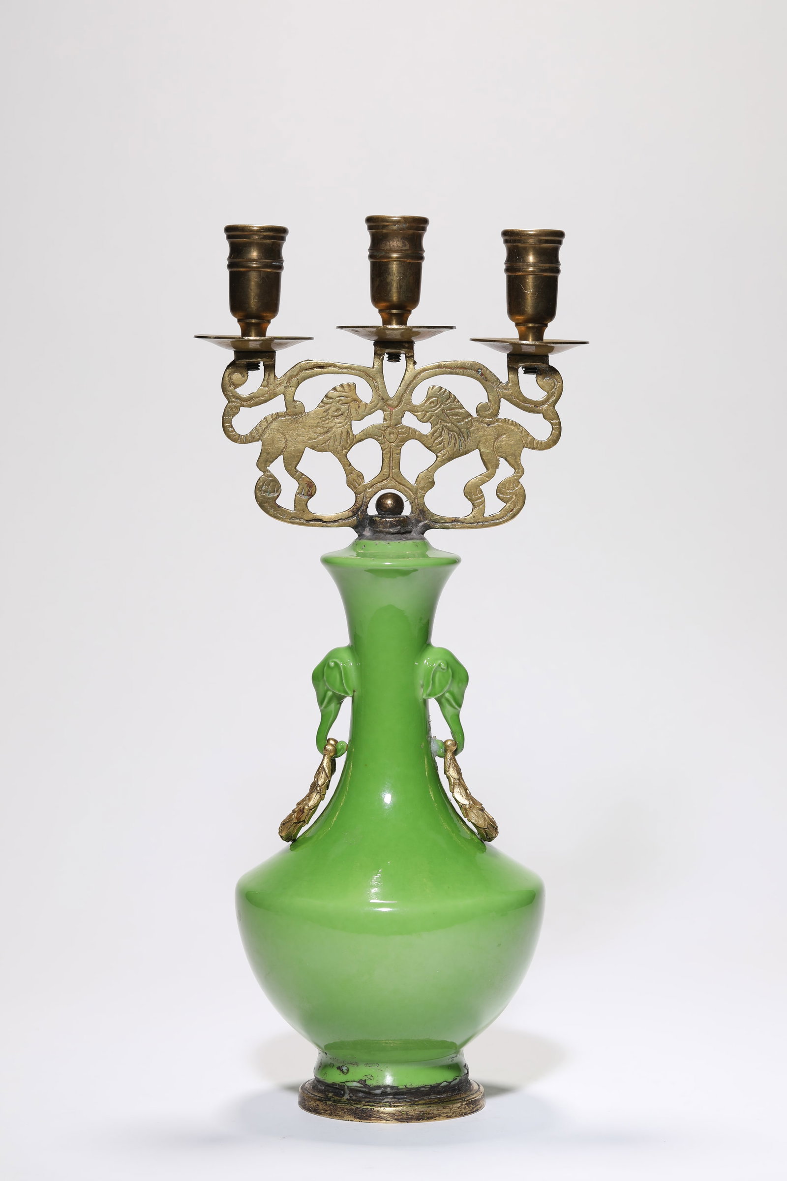 A Green-Glazed 'Elephant-Head Handles' Vase Candleholder: A Green-Glazed 'Elephant-Head Handles' Vase Candleholder (16.4 x 13 x 37.3cm)