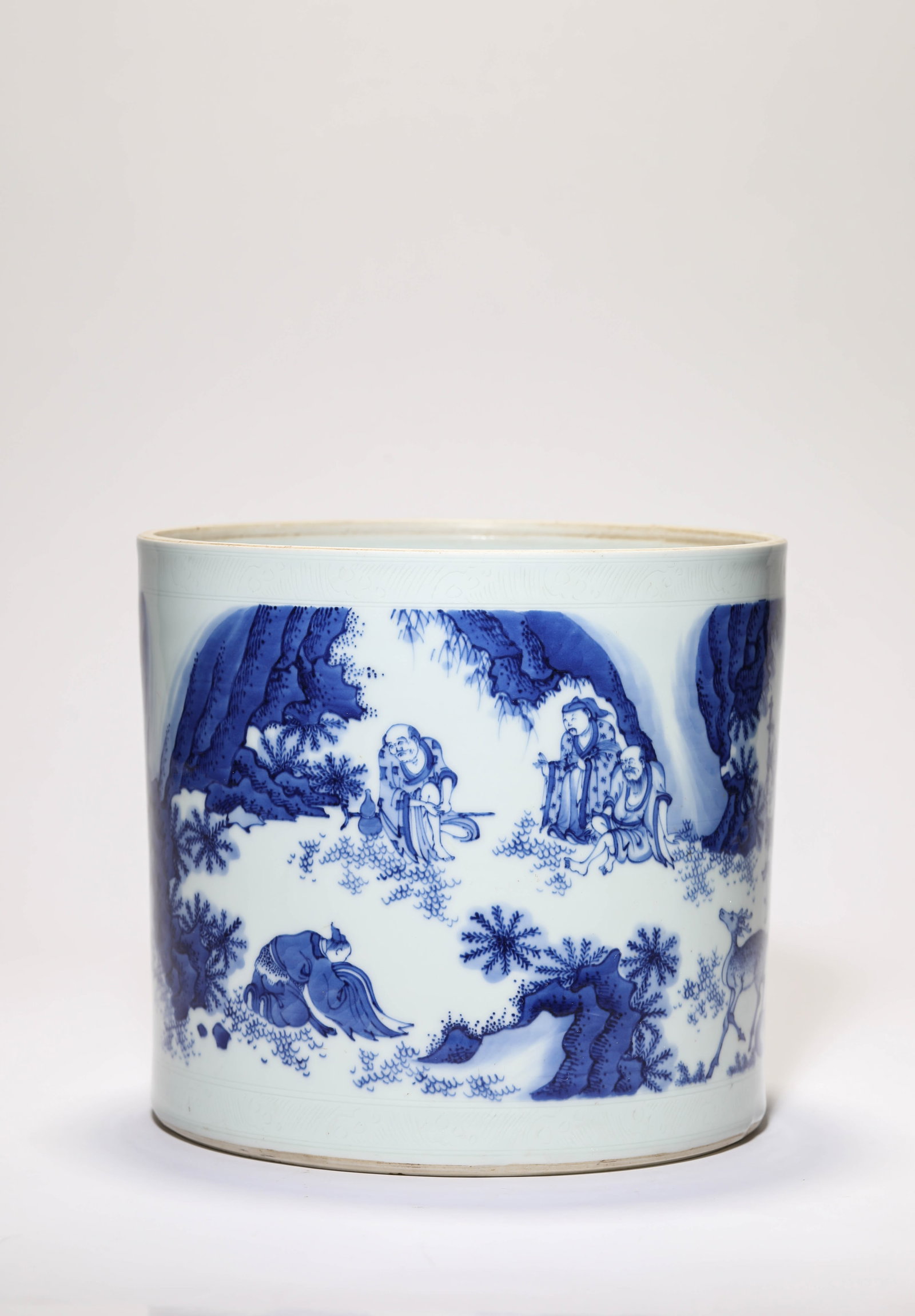 A Blue and White 'Narrative Scene' Brush Pot: A Blue and White 'Narrative Scene' Brush Pot (21.5 x 19.2cm)