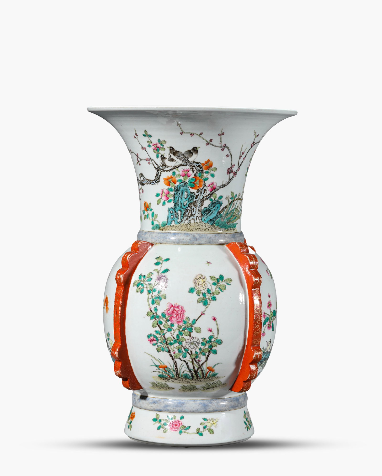 A Famille-Rose 'Flowers and Birds' Fanghu-Form Zun: A Famille-Rose 'Flowers and Birds' Fanghu-Form Zun (25.2 x 39.7cm)