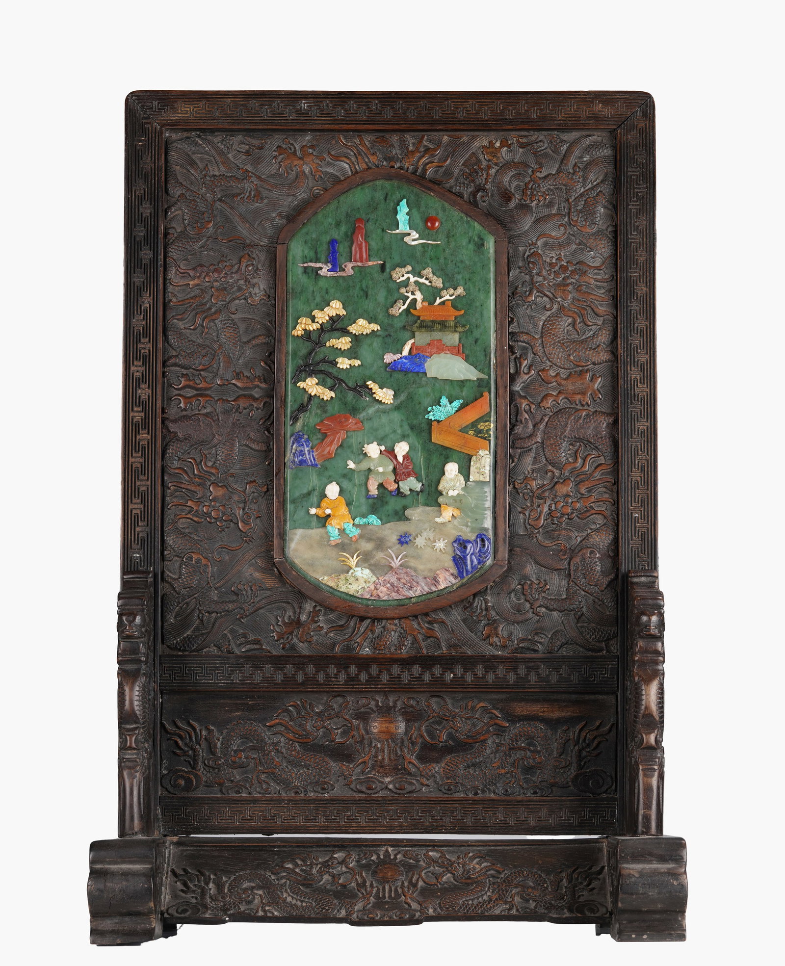 A Zitan 'Children at Play' Inlaid Table Screen: A Zitan 'Children at Play' Inlaid Table Screen (40 x 22.5 x 62.5cm)