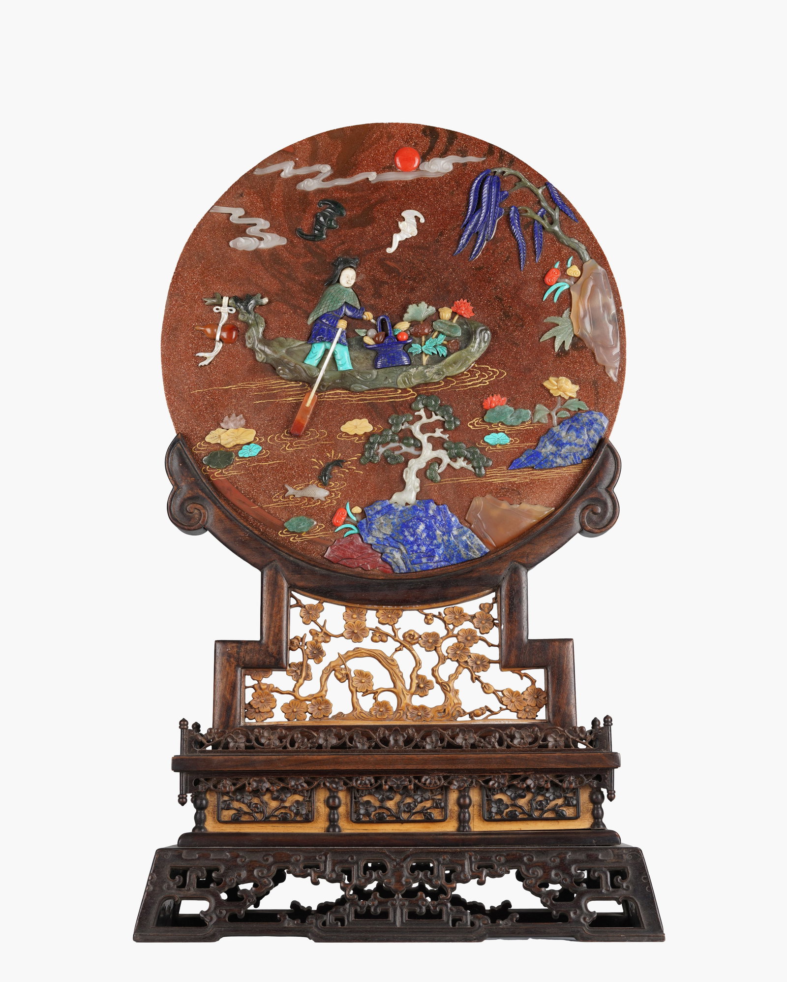 A Gold-Flecked Stone 'Magu Offering Longevity' Table Screen (1 of 3)