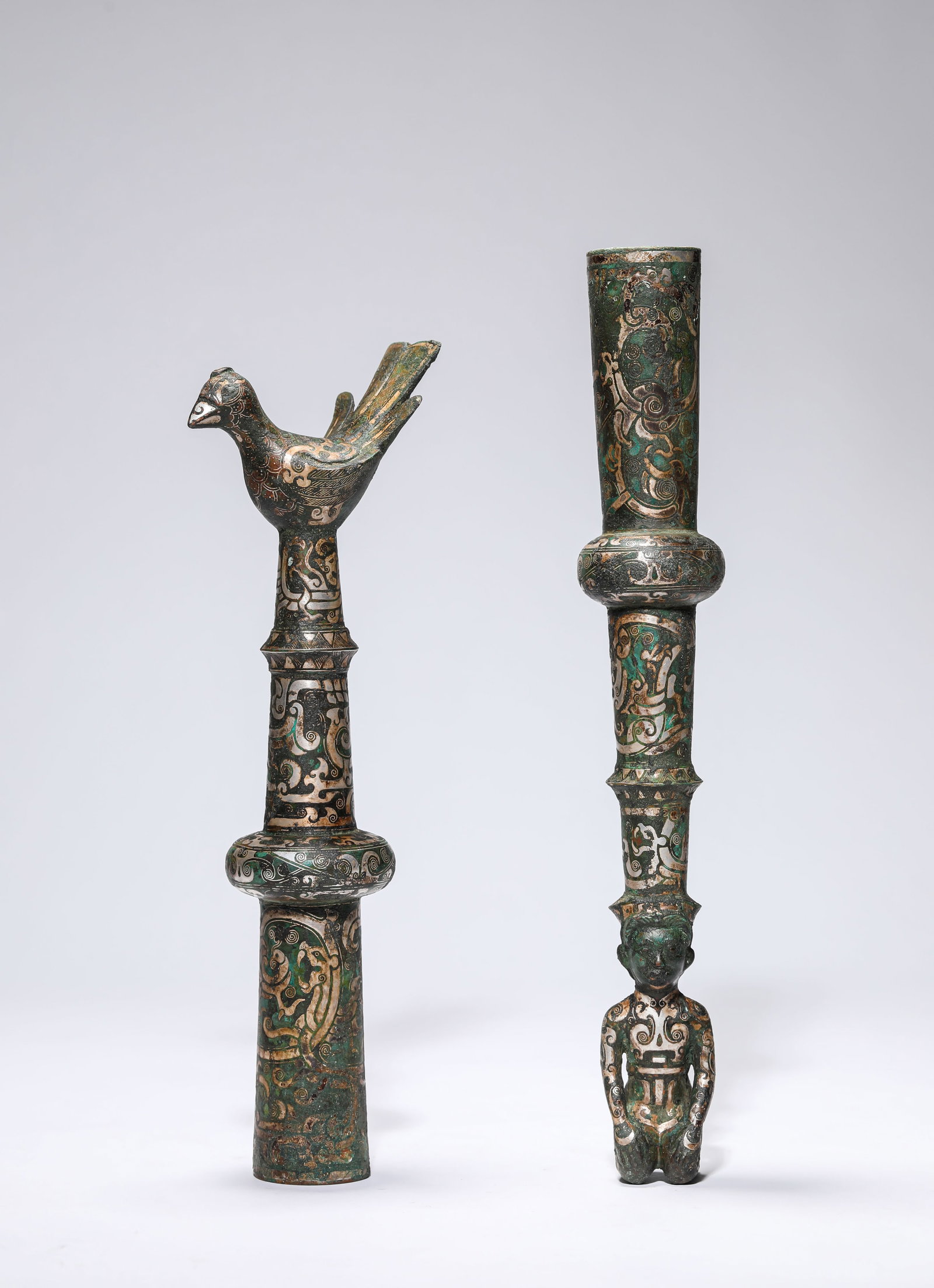 A Silver-Inlaid Bronze Staff Finial and Ferrule: A Silver-Inlaid Bronze Staff Finial and Ferrule (8.6 x 5.4 x 27.2cm,4.8 x 30.2cm,Weight 1236g)
