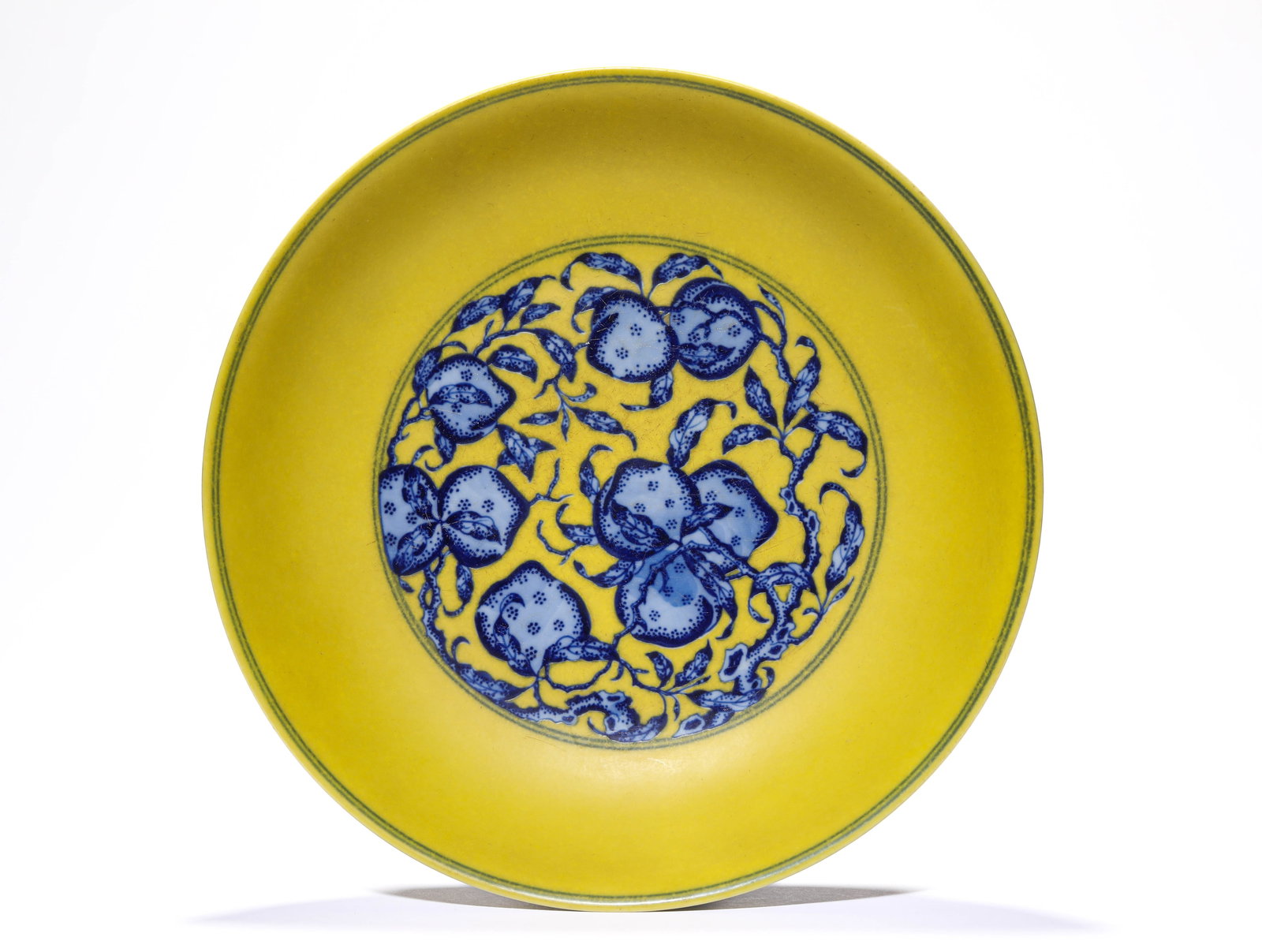 A Yellow-Ground Blue and White 'Nine Peaches' Dish (1 of 4)