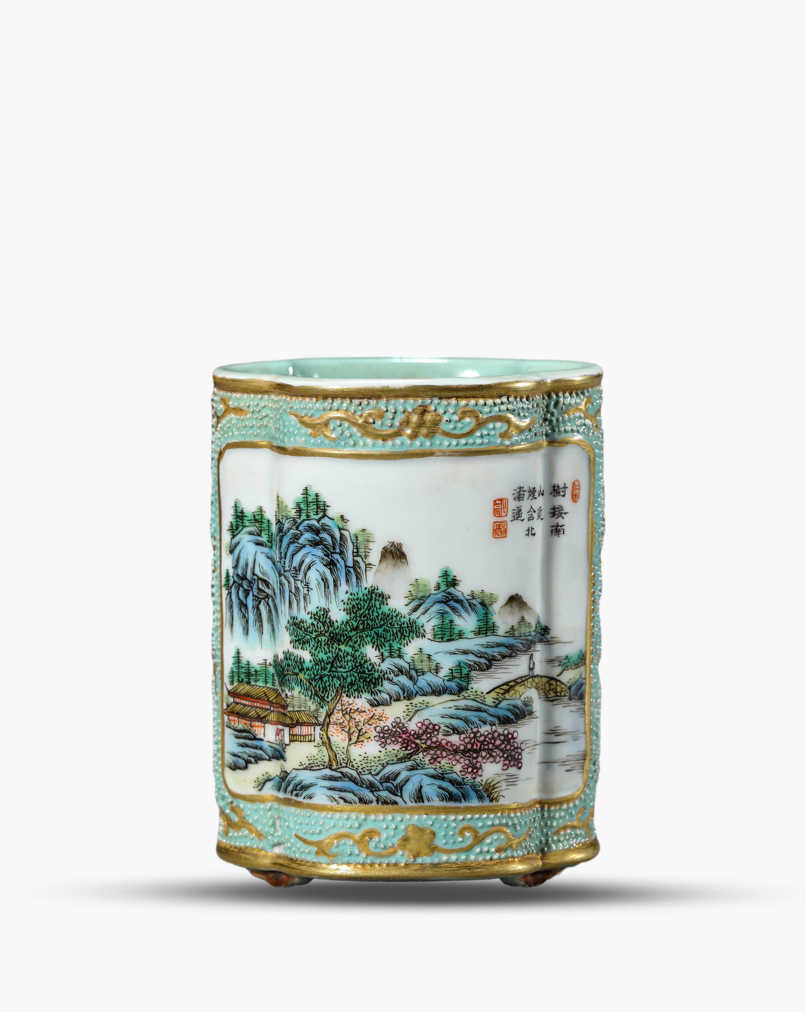 A Bean-Green-Ground Famille-Rose 'Landscape and Figures Reserves' Crabapple-Form Brush Pot (1 of 3)