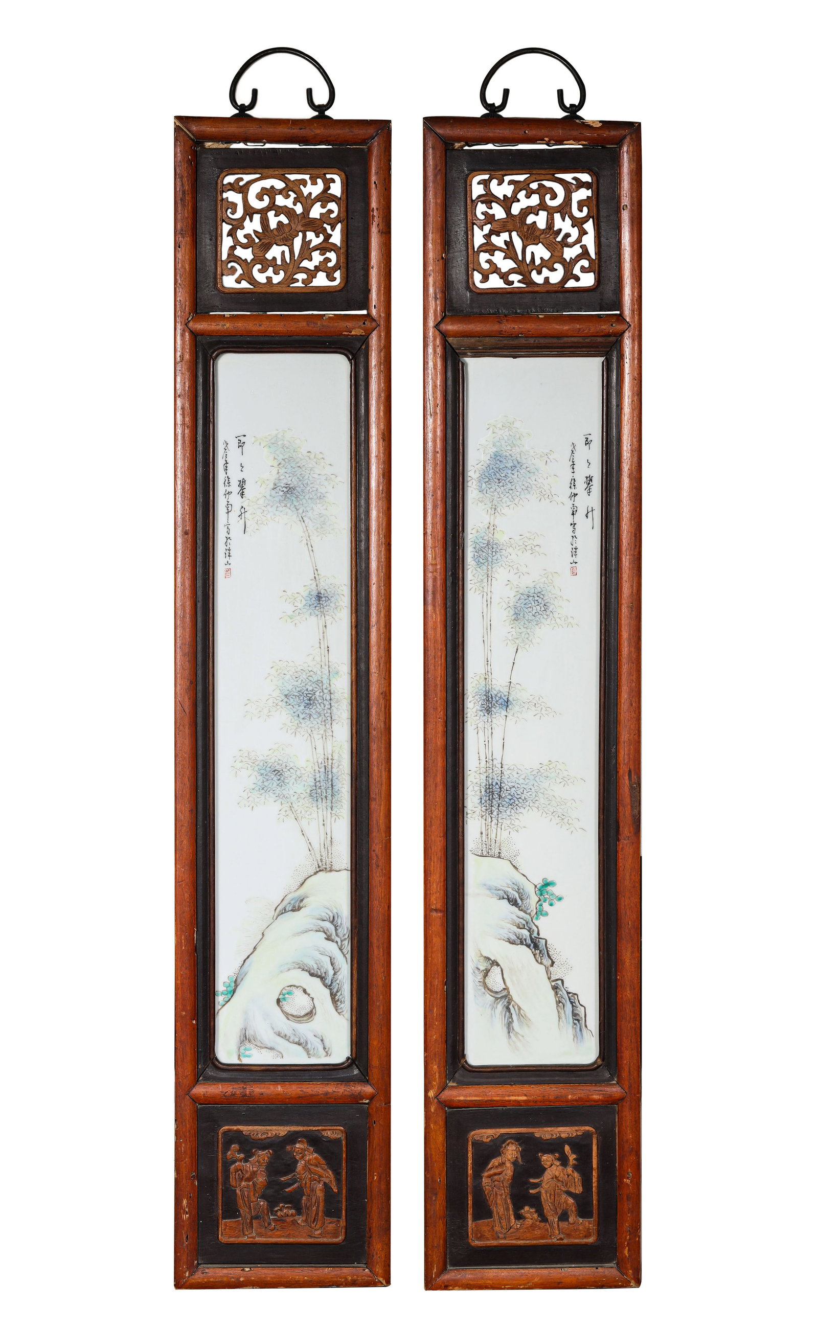 A Set of Famille-Rose 'Bamboo and Rock' Porcelain Panels: A Set of Famille-Rose 'Bamboo and Rock' Porcelain Panels (16.8 x 91cm)