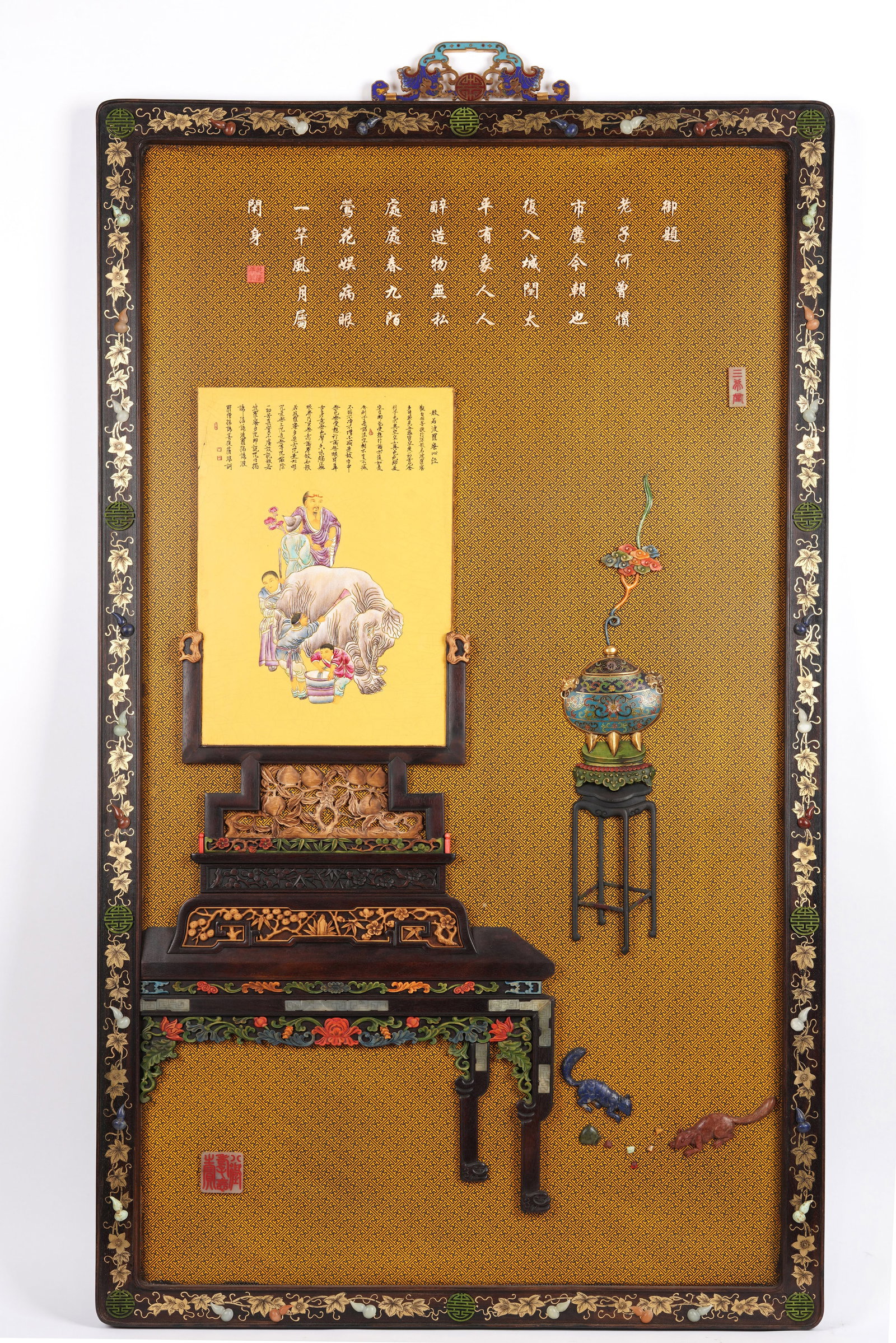A 'Hundred Treasures' -Inlaid 'Elephant of Universal Peace and Poem' Hanging Panel: A 'Hundred Treasures' -Inlaid 'Elephant of Universal Peace and Poem' Hanging Panel (71.5 x 3 x 124cm)