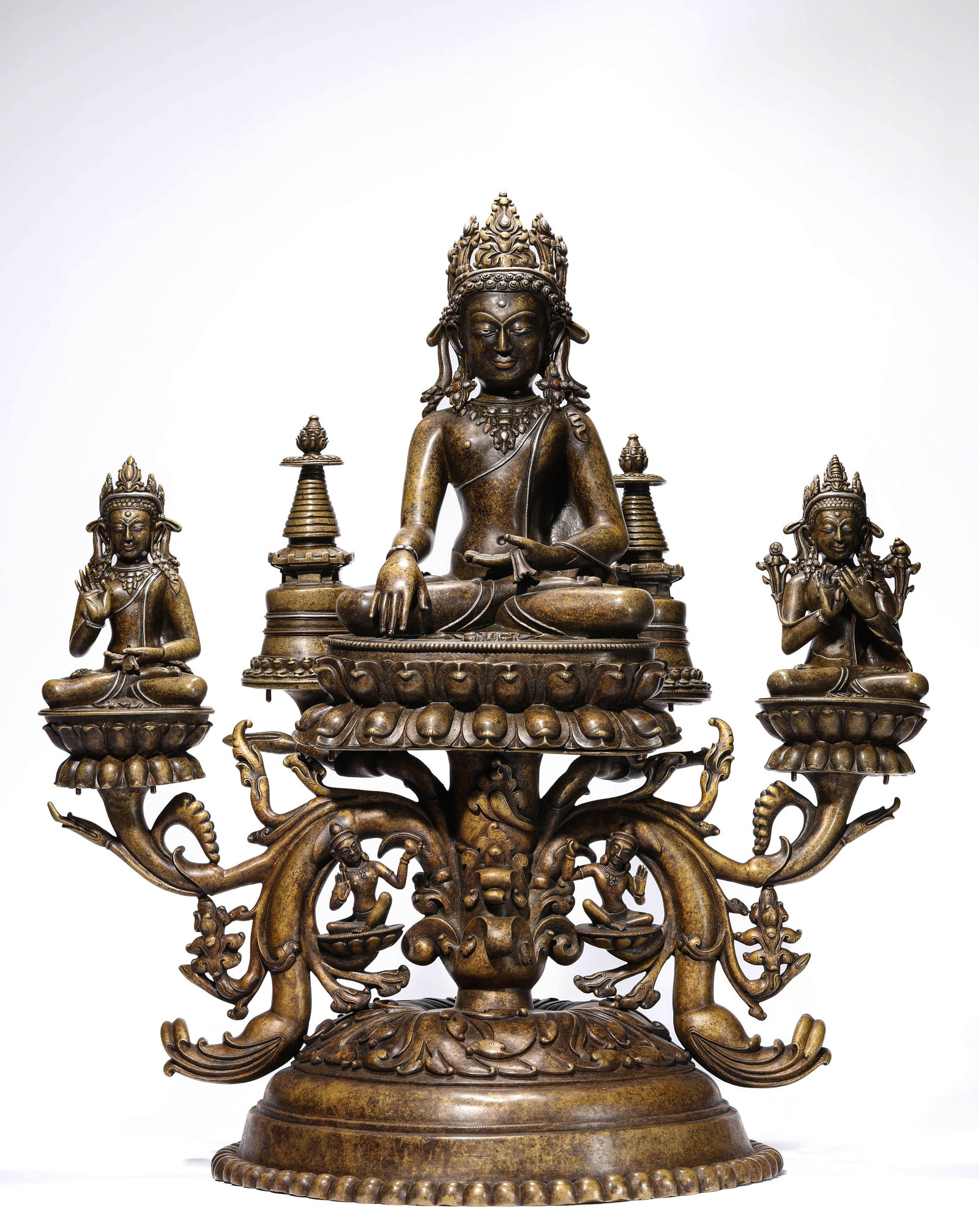 A 'Tibetan Kadam-Style' Alloy Bronze, Silver-Inlaid and Gilt-Crowned Figure of the Trikaya Buddhas: A 'Tibetan Kadam-Style' Alloy Bronze, Silver-Inlaid and Gilt-Crowned Figure of the Trikaya Buddhas (44.7 x 30.5 x 56.5cm,Weight 18.65kg)