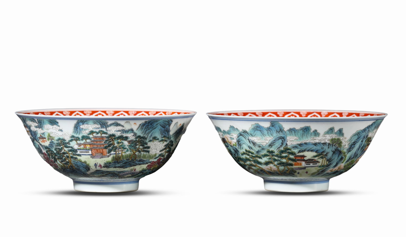 A Pair of Famille-Rose 'Landscape and Figures' Bowls: A Pair of Famille-Rose 'Landscape and Figures' Bowls (15.4 x 6.6cm)