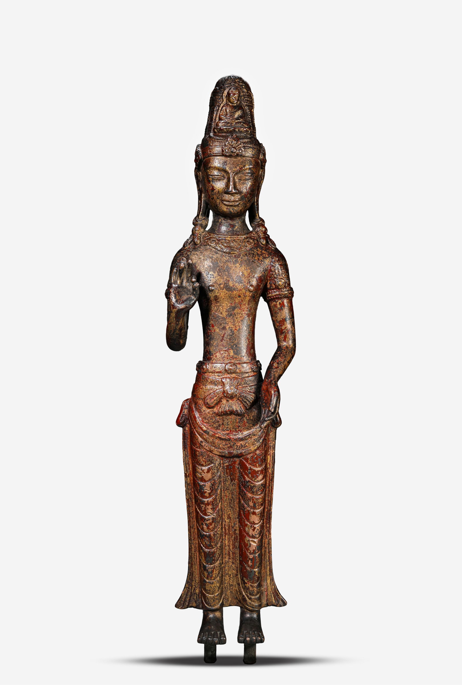 A Lacquered and Gilt-Bronze Figure of Buddha: A Lacquered and Gilt-Bronze Figure of Buddha (8.8 x 5.2 x 40.2cm,Weight 2070g)