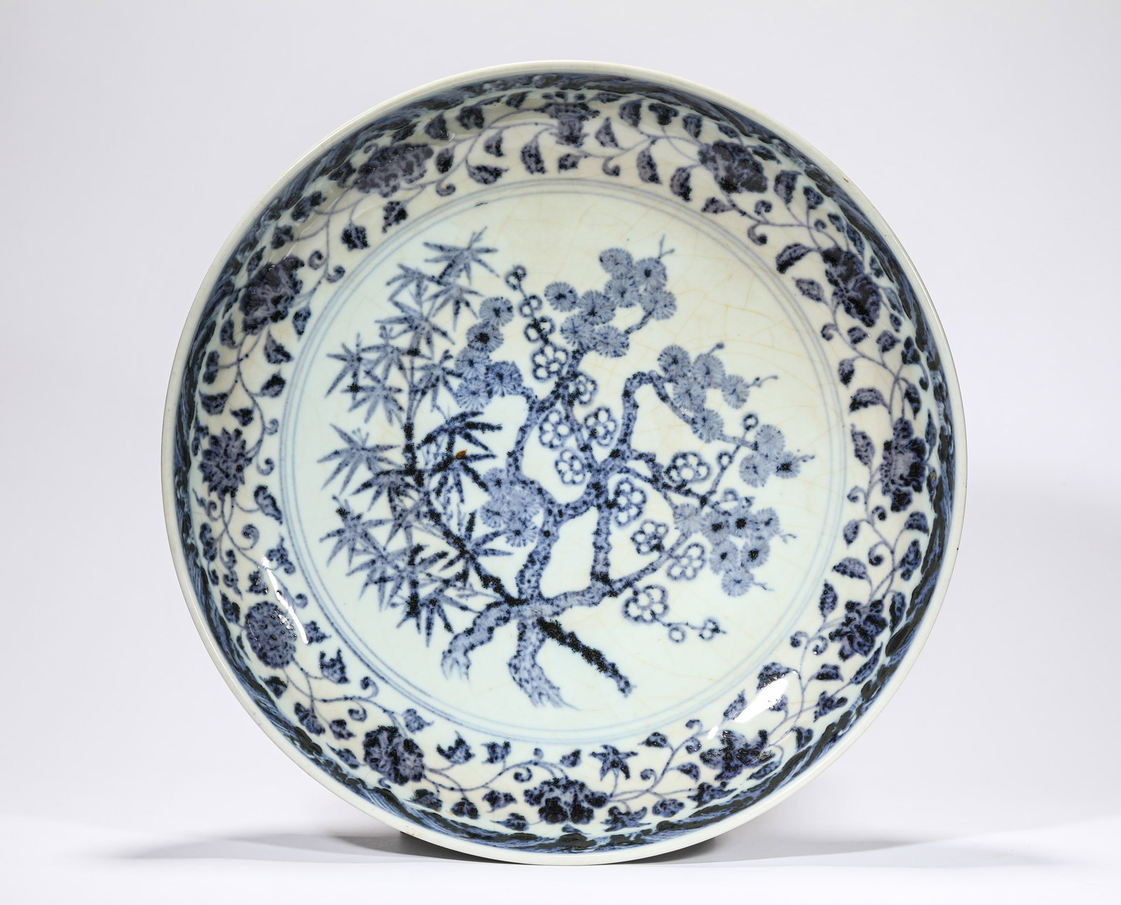 A Blue and White 'Three Friends of Winter' Dish: A Blue and White 'Three Friends of Winter' Dish (38.1 x 8.1cm)