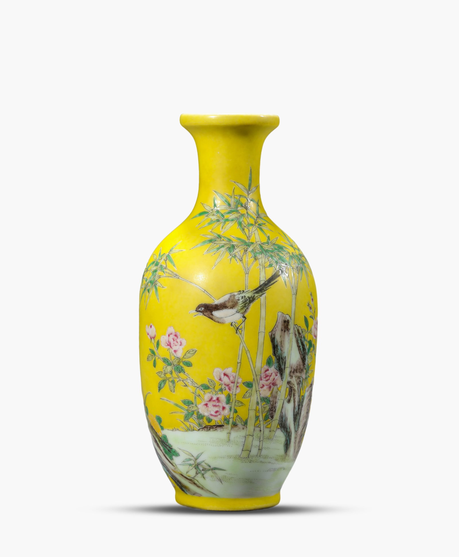 A Yellow-Ground Famille-Rose 'Flowers, Birds and Poem' Vase: A Yellow-Ground Famille-Rose 'Flowers, Birds and Poem' Vase (9.4 x 20.6cm)