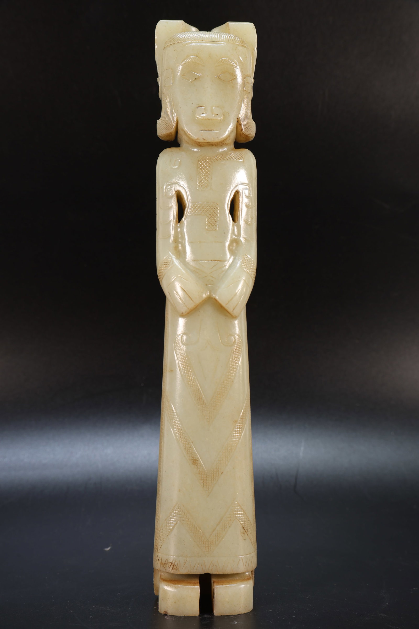 A Jade Carved Character Shape Figure: A Jade Carved Character Shape Figure (24.7 x 4.5 x 3.5cm)