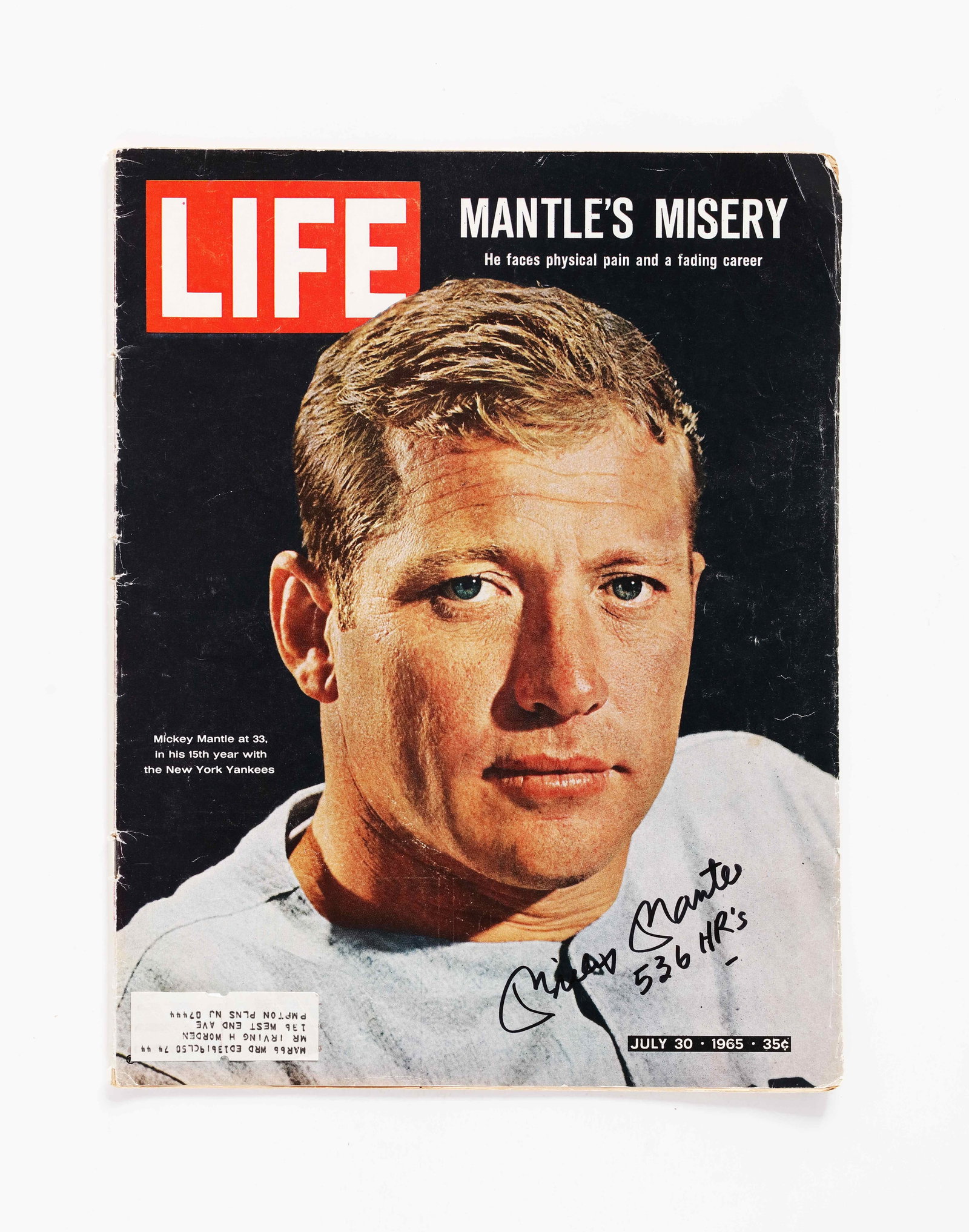 MICKEY MANTLE SIGNED AND INSCRIBED "536 HR'S" IN THE JULY 30, 1965 ISSUE OF "LIFE" MAGAZINE (1 of 3)