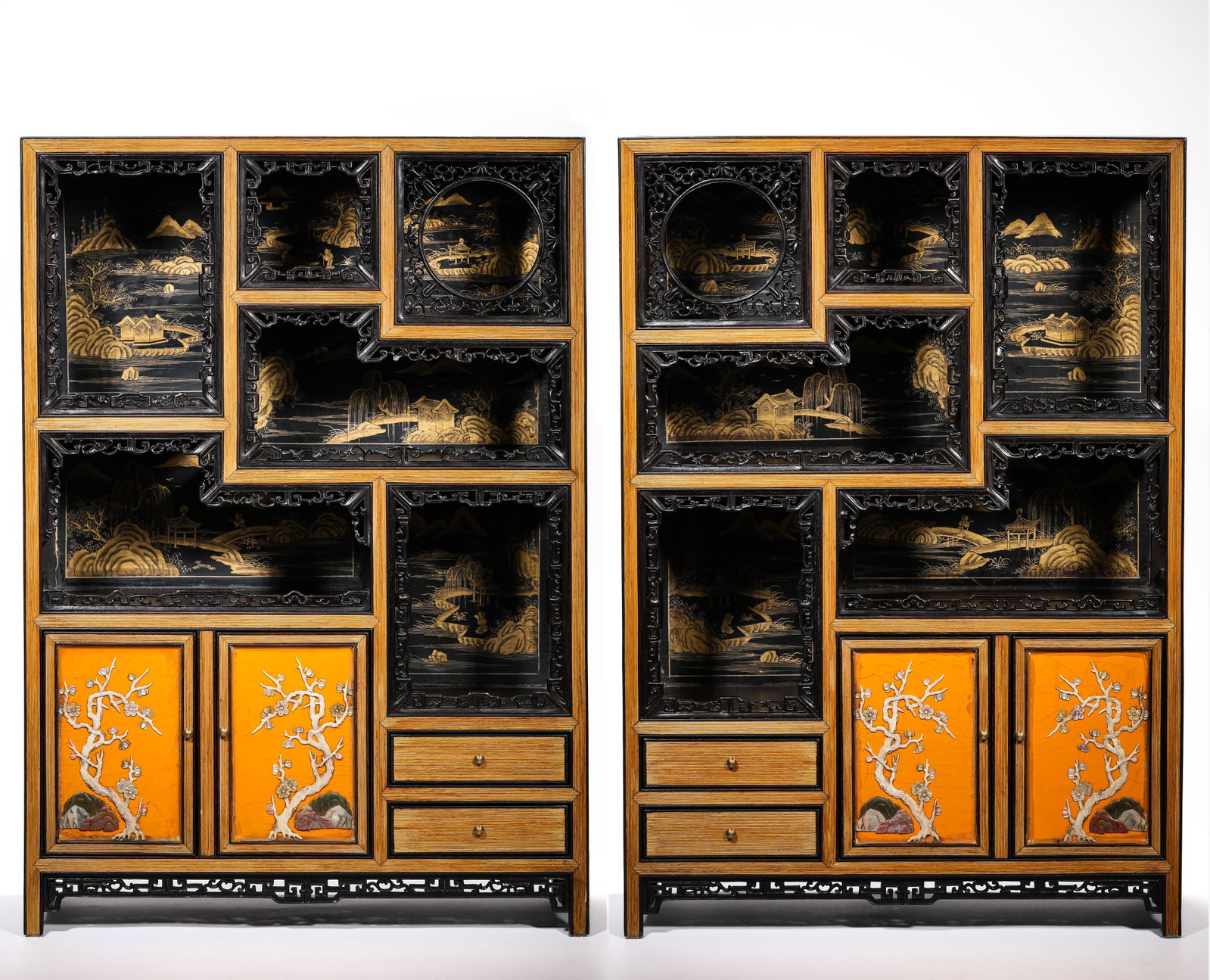 A PAIR OF WOOD ‘DUOBAO GE’ DISPLAY CABINETS: A PAIR OF WOOD ‘DUOBAO GE’ DISPLAY CABINETS Description: Dimensions: Length: 40 cm x Width: 15.6 cm x Height: 57.2 cm. All measurements are approximate.