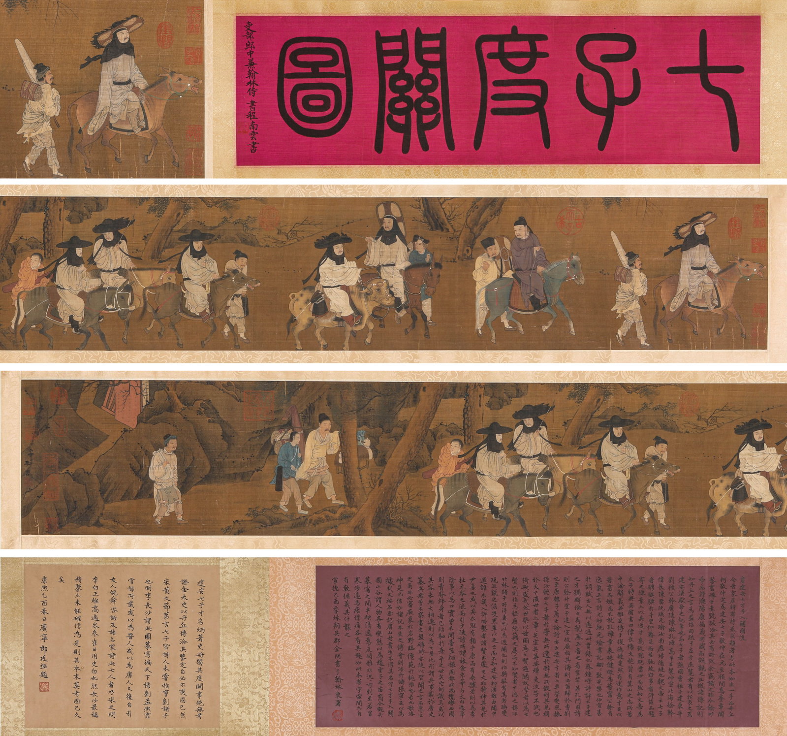 LI TANG (1066-1150), ATTRIBUTED TO, SEVEN SCHOLARS CROSSING THE PASS HANDSCROLL: LI TANG (1066-1150), ATTRIBUTED TO, SEVEN SCHOLARS CROSSING THE PASS HANDSCROLL Description: Dimensions: Width: 430 cm x Height: 30.5 cm. All measurements are approximate.