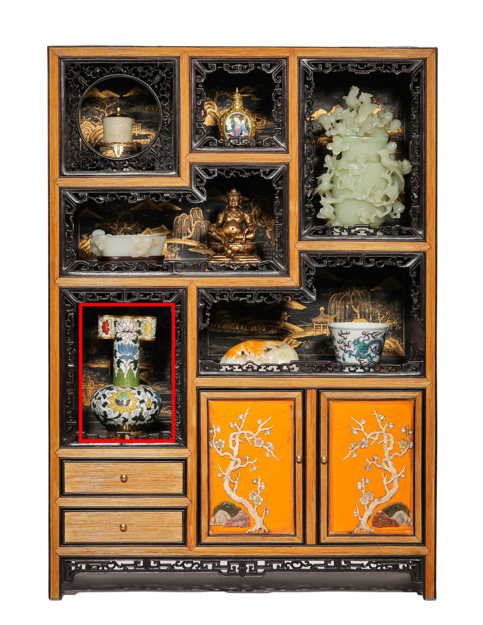 A CLOISONNé ENAMEL VASE WITH 'TUBE HANDLES': A CLOISONNé ENAMEL VASE WITH 'TUBE HANDLES' Description: Dimensions: Weight: 410 g. Width: 7.1 cm x Height: 12.9 cm. All measurements are approximate.
