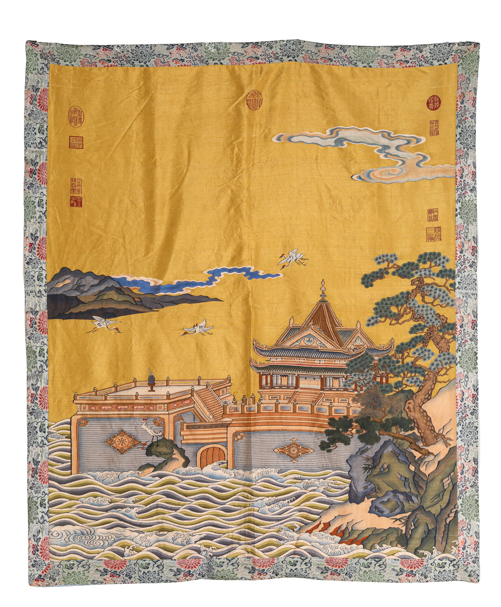 A SILK KESI TAPESTRY OF ‘PINE AND CRANE’: A SILK KESI TAPESTRY OF ‘PINE AND CRANE’ Description: Dimensions: Width: 104 cm x Height: 125 cm. All measurements are approximate.