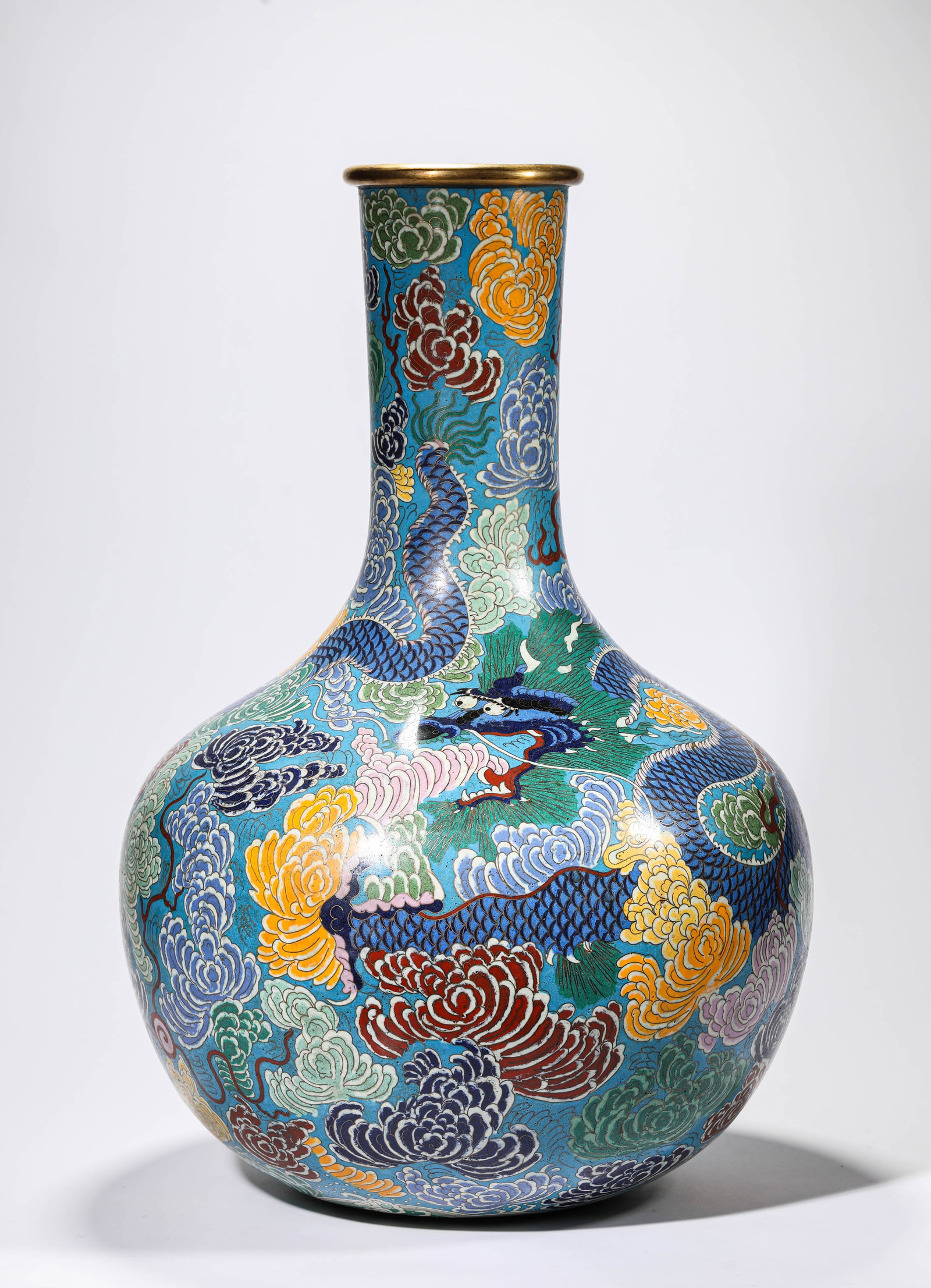 A CLOISONNé ENAMEL ‘FLORAL AND DRAGON’ TIANQIUPING: A CLOISONNé ENAMEL ‘FLORAL AND DRAGON’ TIANQIUPING Description: Dimensions: Weight: 7700 g. Width: 38.7 cm x Height: 57.5 cm. All measurements are approximate.