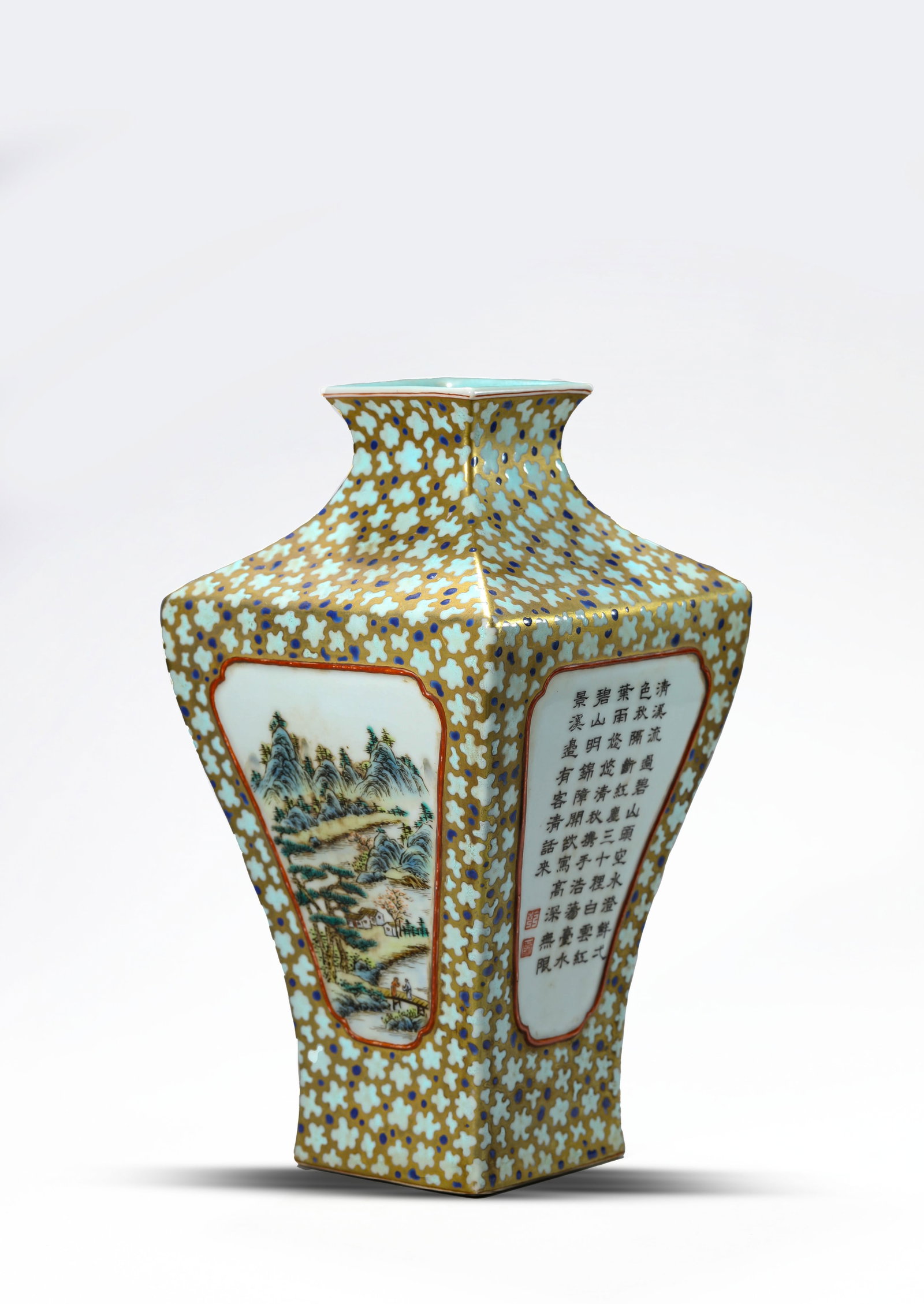 A FAMILLE-ROSE 'LANDSCAPE, POEM AND FLORALS' SQUARE VASE: A FAMILLE-ROSE 'LANDSCAPE, POEM AND FLORALS' SQUARE VASE Description: Dimensions: Length: 13.3 cm x Width: 13.2 cm x Height: 24.3 cm. All measurements are approximate.