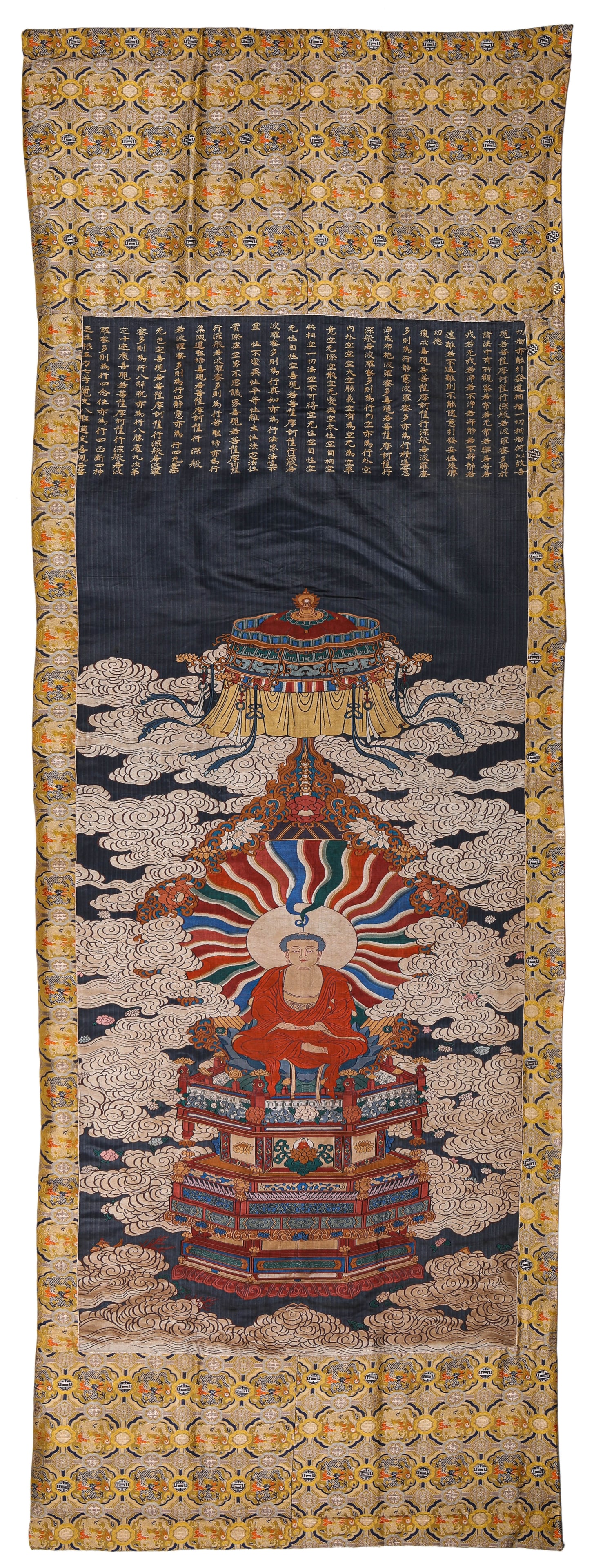 A BROCADE FIGURE OF AMITAYUS: A BROCADE FIGURE OF AMITAYUS Description: Dimensions: Width: 73 cm x Height: 174 cm. All measurements are approximate.
