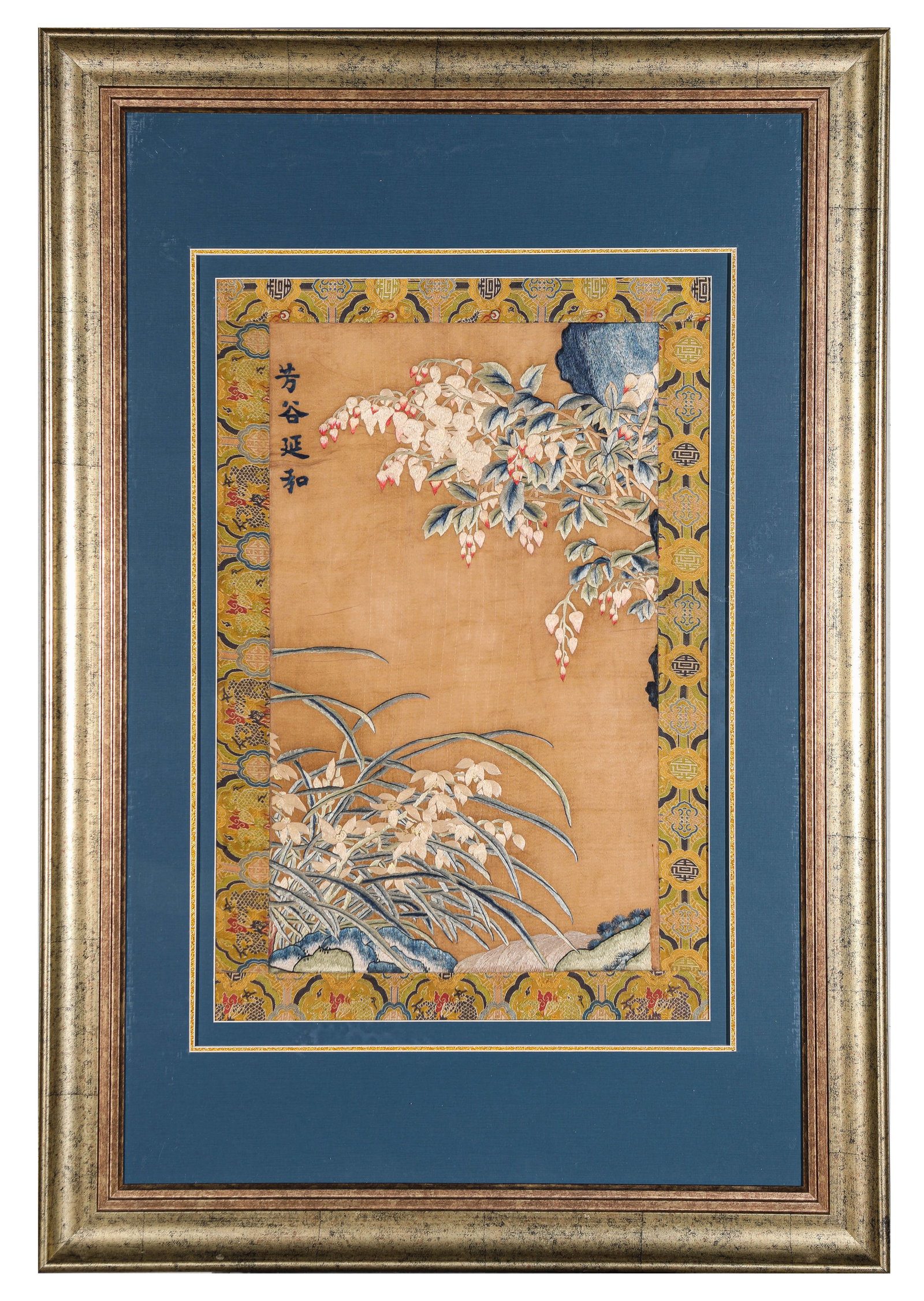AN EMBROIDERY OF ‘FLOWERS’: AN EMBROIDERY OF ‘FLOWERS’ Description: Dimensions: Width: 40.5 cm x Height: 63 cm. All measurements are approximate.