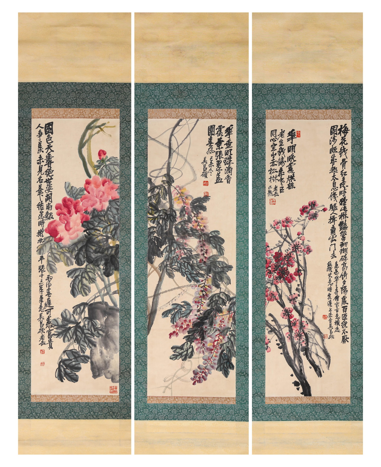 WU CHANGSHUO (1844-1927), ATTRIBUTED TO, FLOWERS (THREE-PANEL SCREEN) (1 of 10)