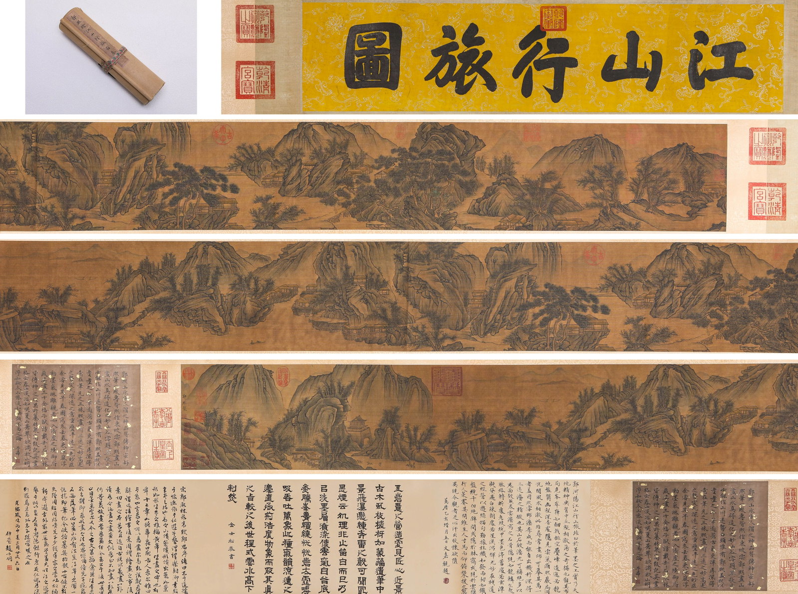 GUO XI (1020-1090), ATTRIBUTED TO, TRAVELERS THROUGH RIVERS AND MOUNTAINS HANDSCROLL: GUO XI (1020-1090), ATTRIBUTED TO, TRAVELERS THROUGH RIVERS AND MOUNTAINS HANDSCROLL Description: Dimensions: Width: 600 cm x Height: 26.5 cm. All measurements are approximate.