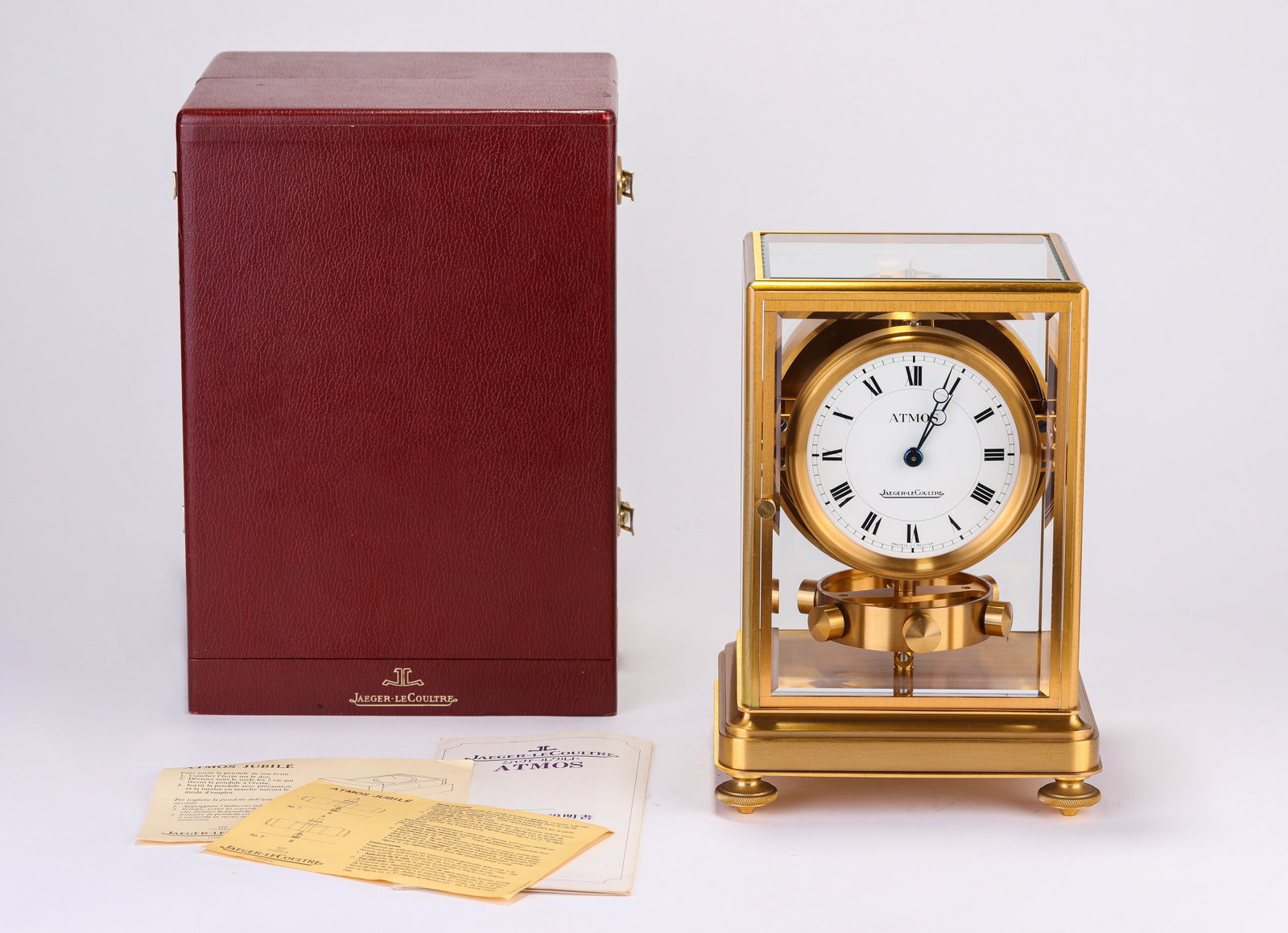 A JAEGER-LECOULTRE 150TH ANNIVERSARY ATMOS CLOCK: A JAEGER-LECOULTRE 150TH ANNIVERSARY ATMOS CLOCK Description: Dimensions: Weight: 4650 g. Length: 17.1 cm x Width: 15.6 cm x Height: 24 cm. All measurements are approximate.