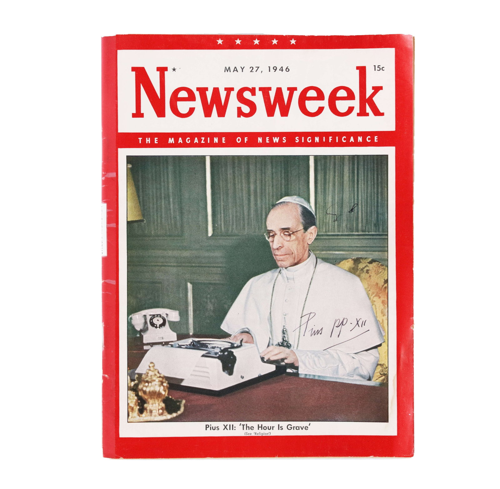 POPE PIUS XII – HAND-SIGNED VINTAGE MAGAZINE (POPE PIUS XII ON COVER): POPE PIUS XII – HAND-SIGNED VINTAGE MAGAZINE (POPE PIUS XII ON COVER) Provenance and Authenticity: This item includes a certificate of authenticity. This rare religious and cultural artifact