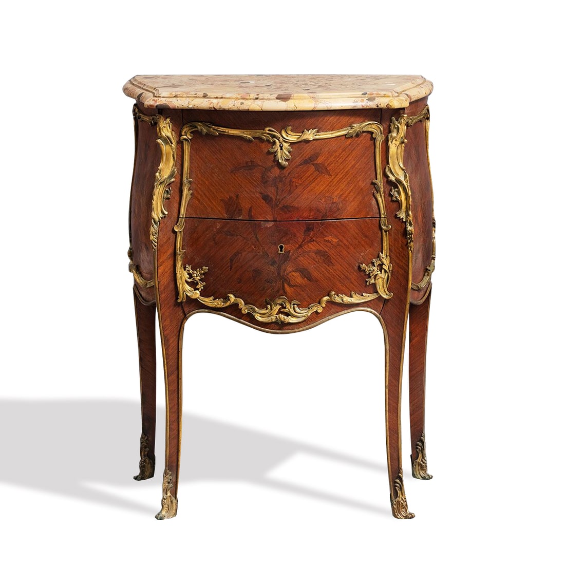 A LOUIS XV STYLE GILT-BRONZE MOUNTED SATINWOOD AND TULIPWOOD PARQUETRY COMMODE (1 of 5)