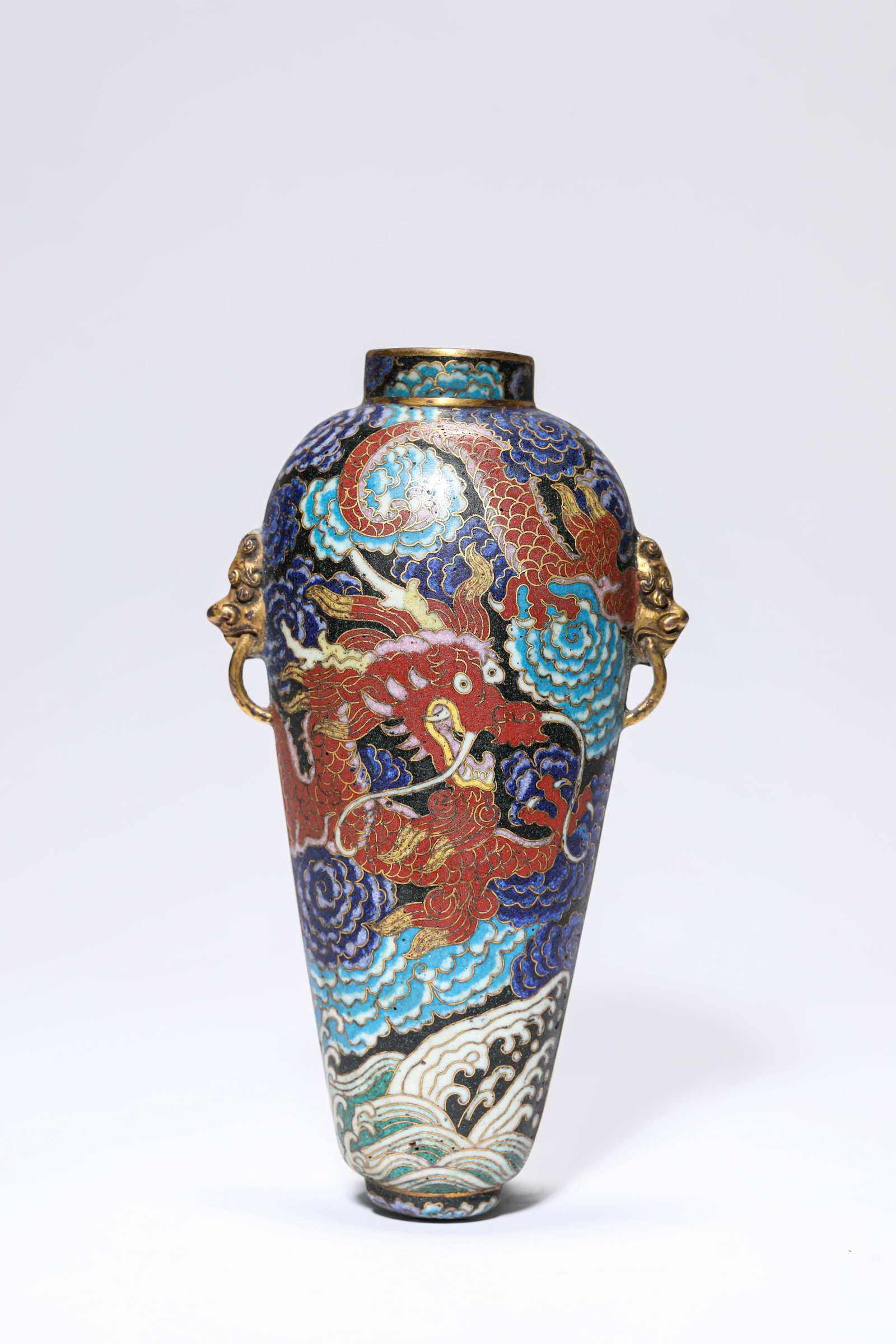 A CLOISONNé ENAMEL ‘DRAGON’ WALL VASE: A CLOISONNé ENAMEL ‘DRAGON’ WALL VASE Description: Dimensions: Weight: 236 g. Width: 8.6 cm x Height: 15.5 cm. All measurements are approximate.