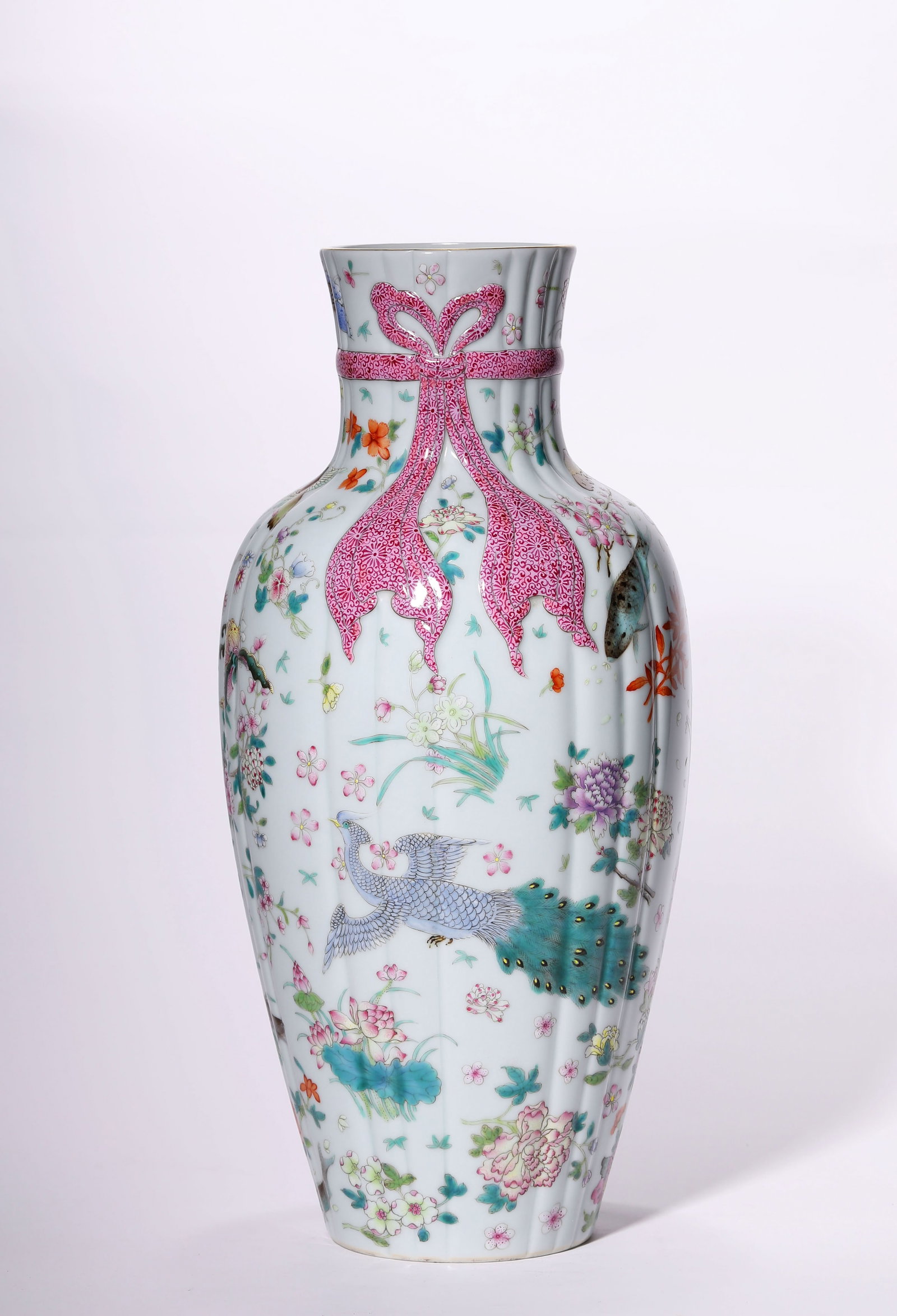 A FAMILLE-ROSE ‘FLOWERS, BIRDS, FISH, BUTTERFLIES, BAT AND KNOT’ KNOTTED-SASH VASE: A FAMILLE-ROSE ‘FLOWERS, BIRDS, FISH, BUTTERFLIES, BAT AND KNOT’ KNOTTED-SASH VASE Description: Dimensions: Width: 16.2 cm x Height: 34 cm. All measurements are approximate.