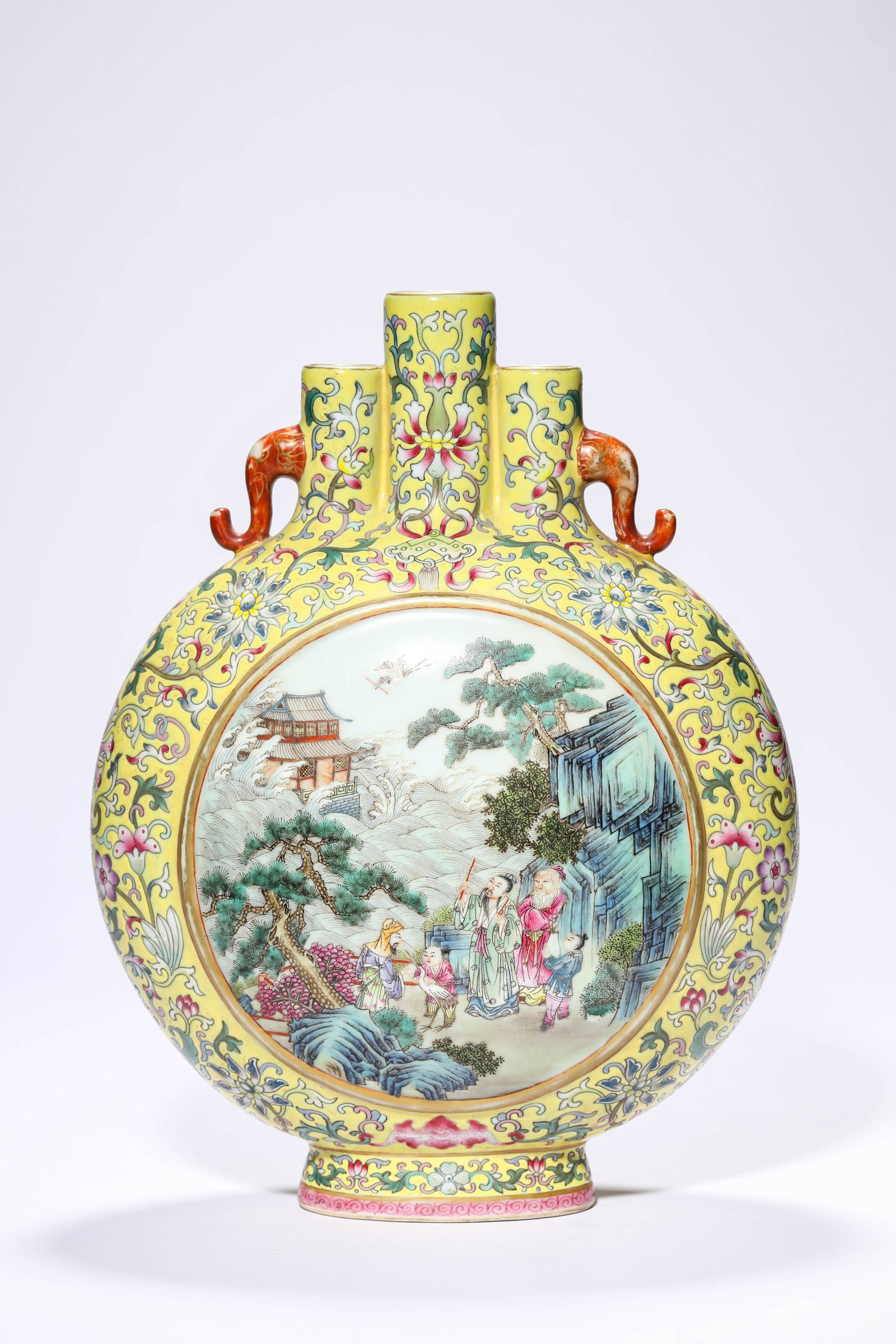 A YELLOW-GROUND FAMILLE-ROSE 'NARRATIVE SCENE RESERVES' 'THREE-TUBED' VASE: A YELLOW-GROUND FAMILLE-ROSE 'NARRATIVE SCENE RESERVES' 'THREE-TUBED' VASE Description: Dimensions: Length: 22 cm x Width: 10.7 cm x Height: 28.8 cm. All measurements are approximate.