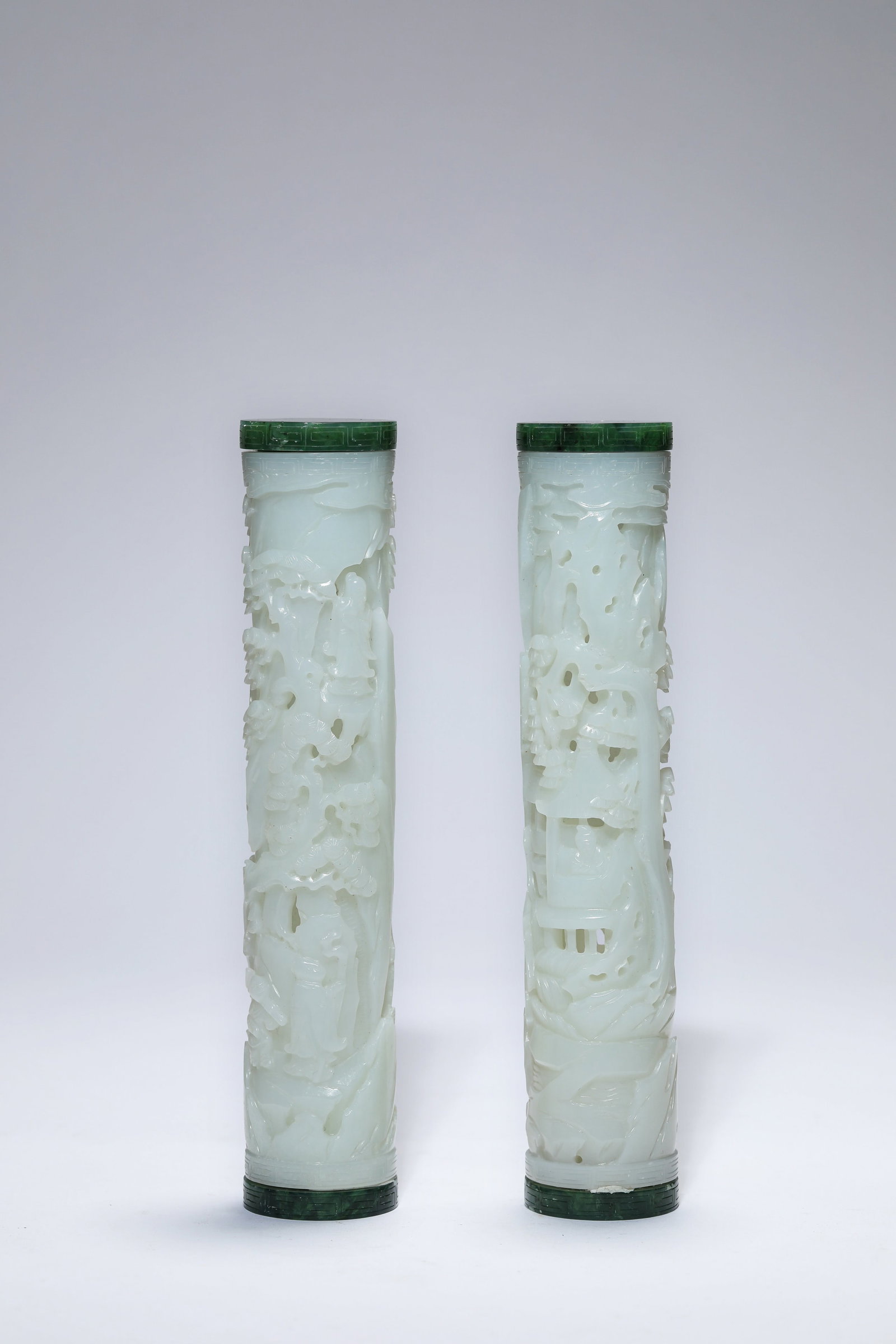 A JADE ‘NARRATIVE SCENE’ INCENSE CONTAINER: A JADE ‘NARRATIVE SCENE’ INCENSE CONTAINER Description: Dimensions: Width: 3.4 cm x Height: 17.6 cm. All measurements are approximate.