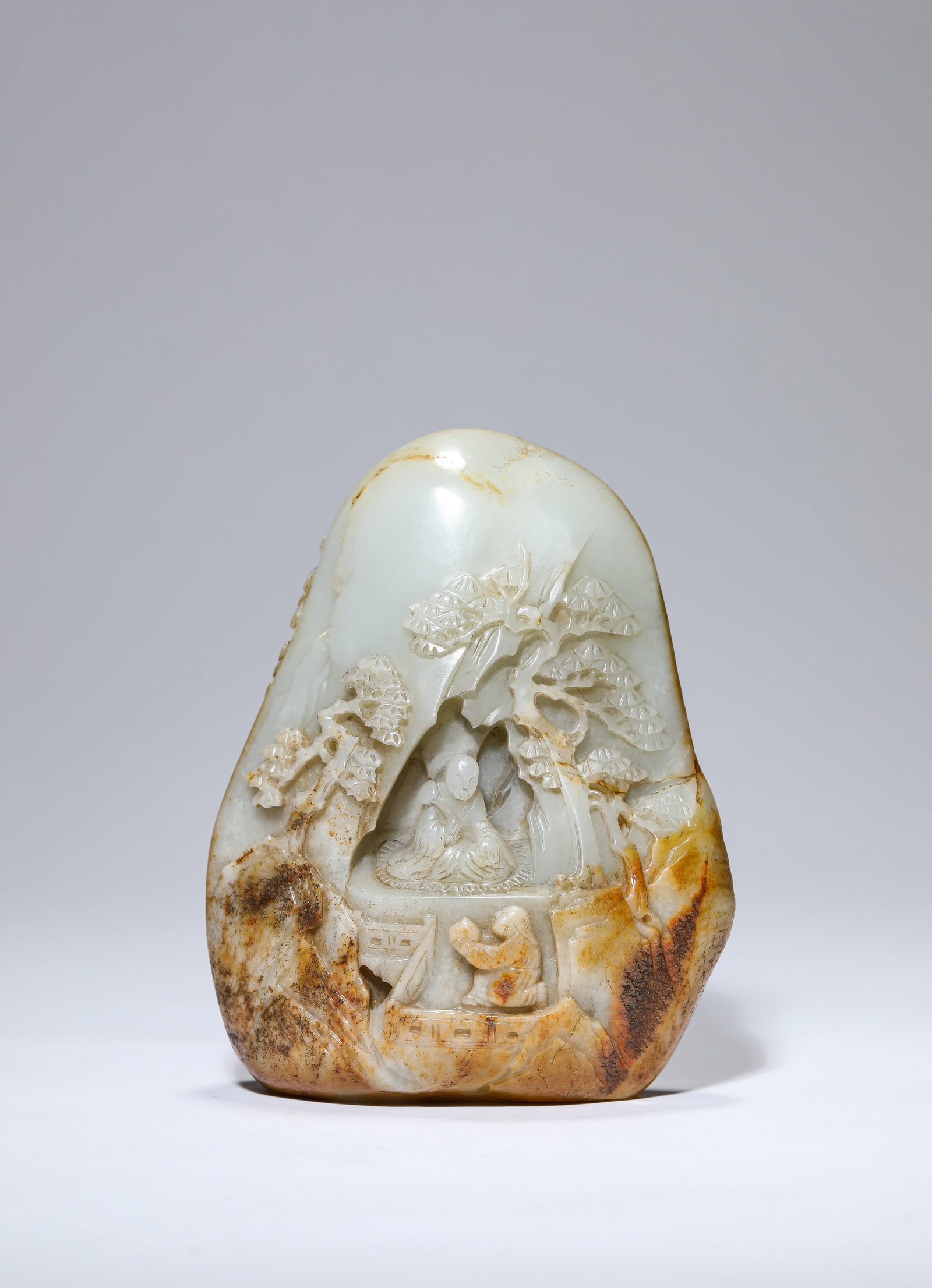 A JADE ‘CARVED SCHOLARS UNDER A PINE TREE’ MOUNTAIN ORNAMENT (1 of 4)