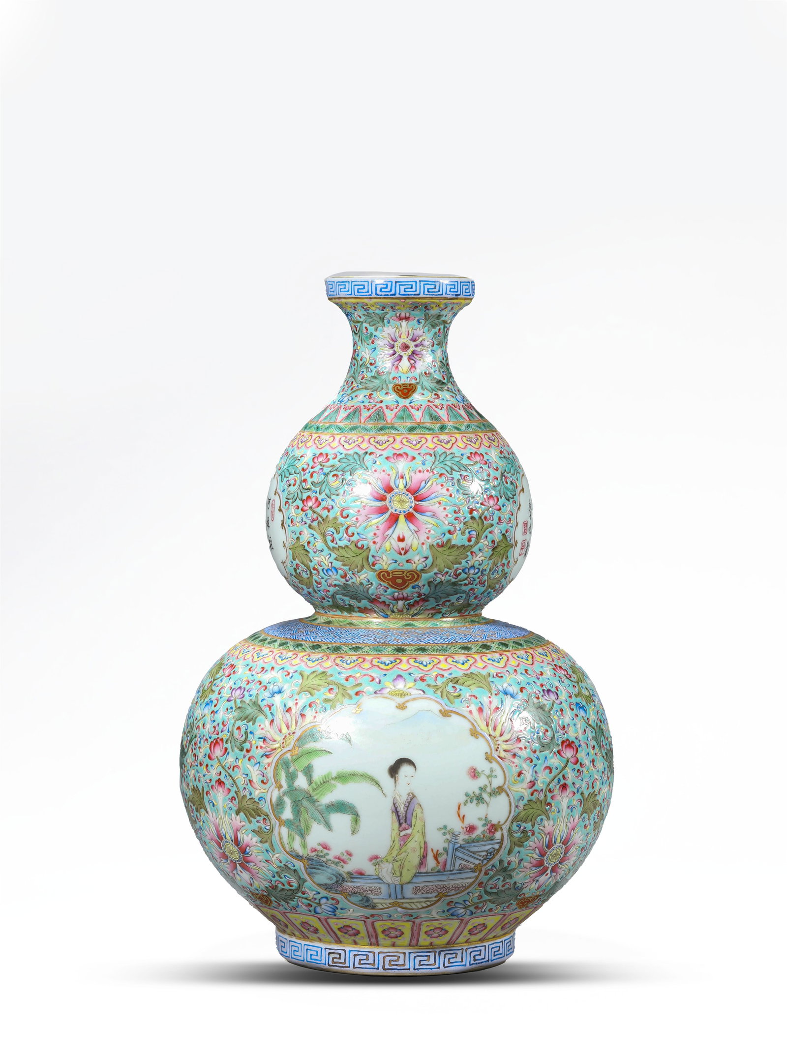A FAMILLE-ROSE 'FLORAL, FIGURAL RESERVES AND POEM' 'DOUBLE-GOURD' VASE: A FAMILLE-ROSE 'FLORAL, FIGURAL RESERVES AND POEM' 'DOUBLE-GOURD' VASE Description: Dimensions: Width: 18.5 cm x Height: 29.3 cm. All measurements are approximate.