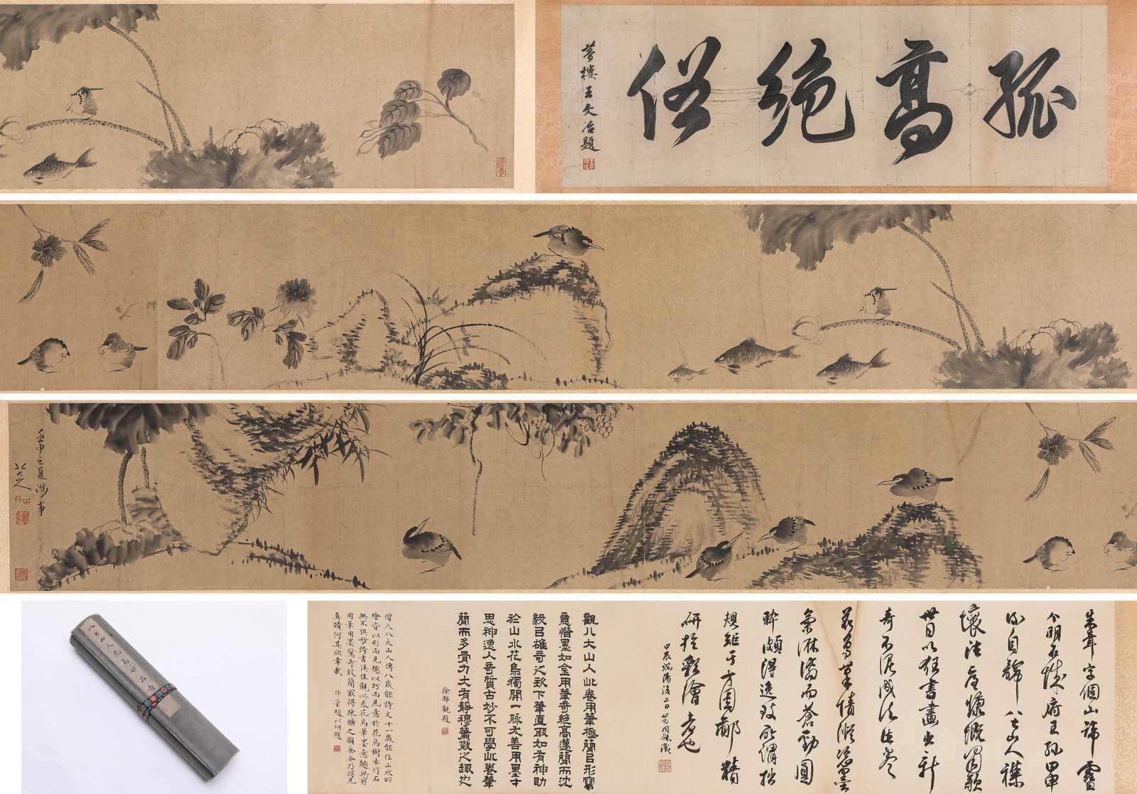 BADA SHANREN (1626-1705), ATTRIBUTED TO, FLOWER-AND-BIRD HANDSCROLL: BADA SHANREN (1626-1705), ATTRIBUTED TO, FLOWER-AND-BIRD HANDSCROLL Description: Dimensions: Width: 600 cm x Height: 32 cm. All measurements are approximate.